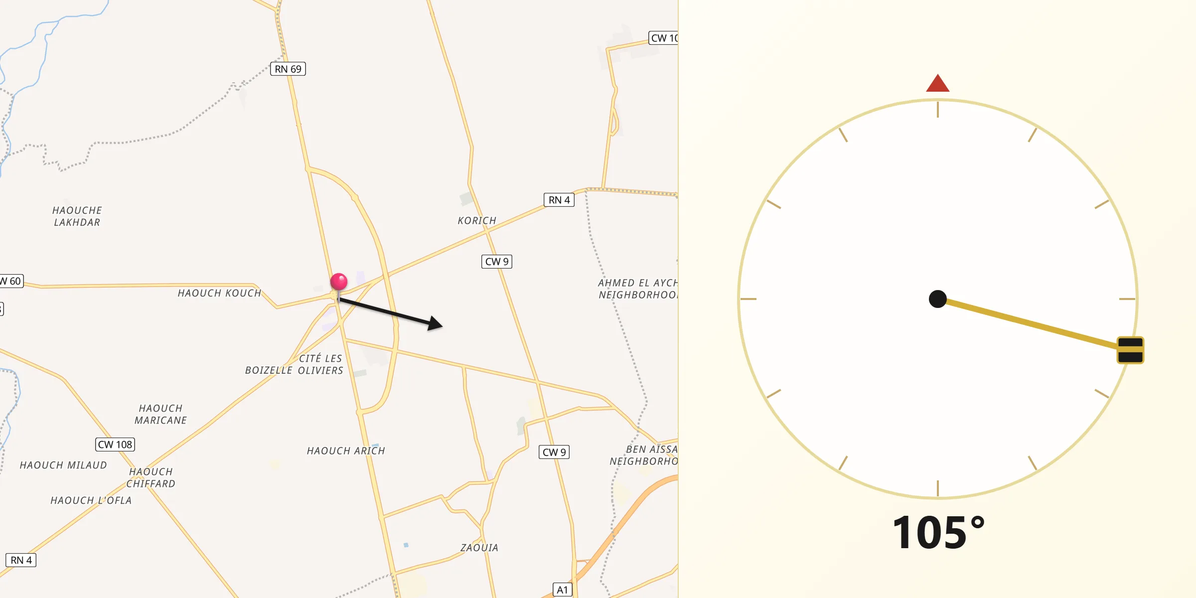 Direction vers la Qibla depuis Oued el Alleug