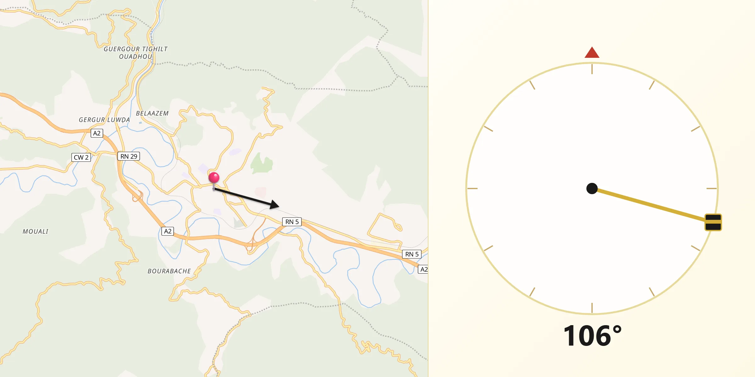 Direction vers la Qibla depuis Lakhdaria