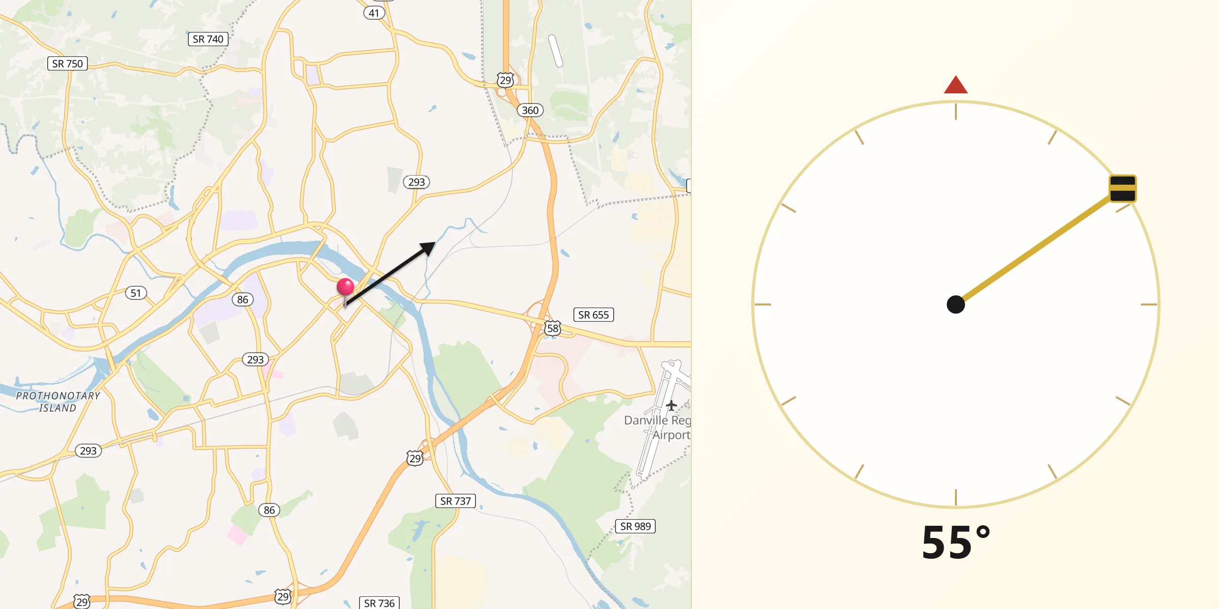 Qibla Direction from City of Danville