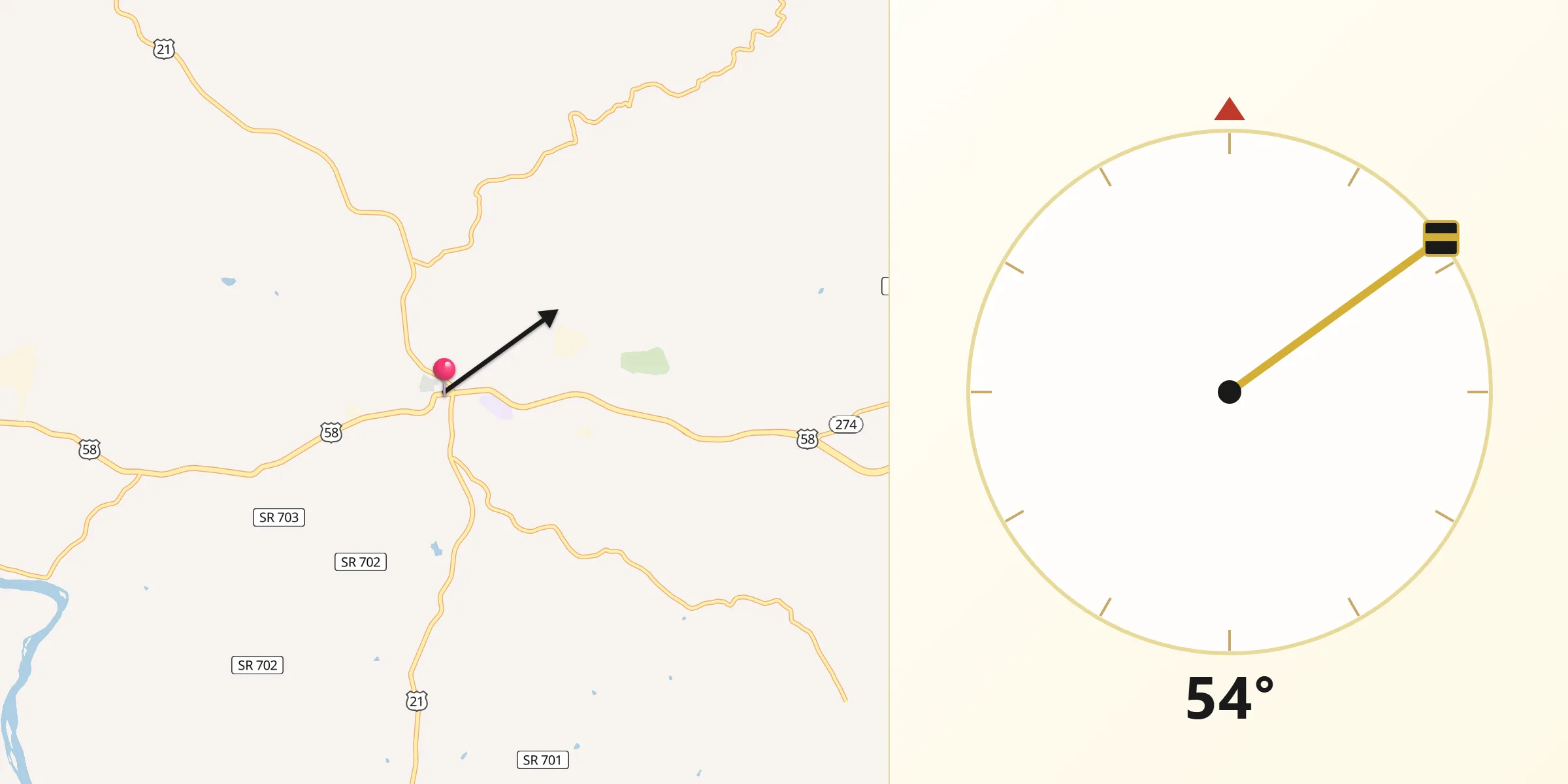 Dirección de la Qibla desde Independence