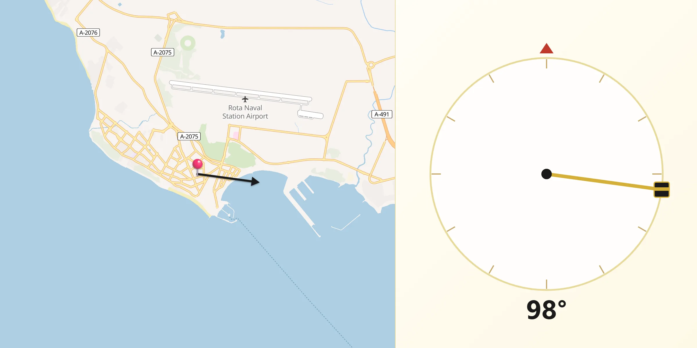Dirección de la Qibla desde Rota