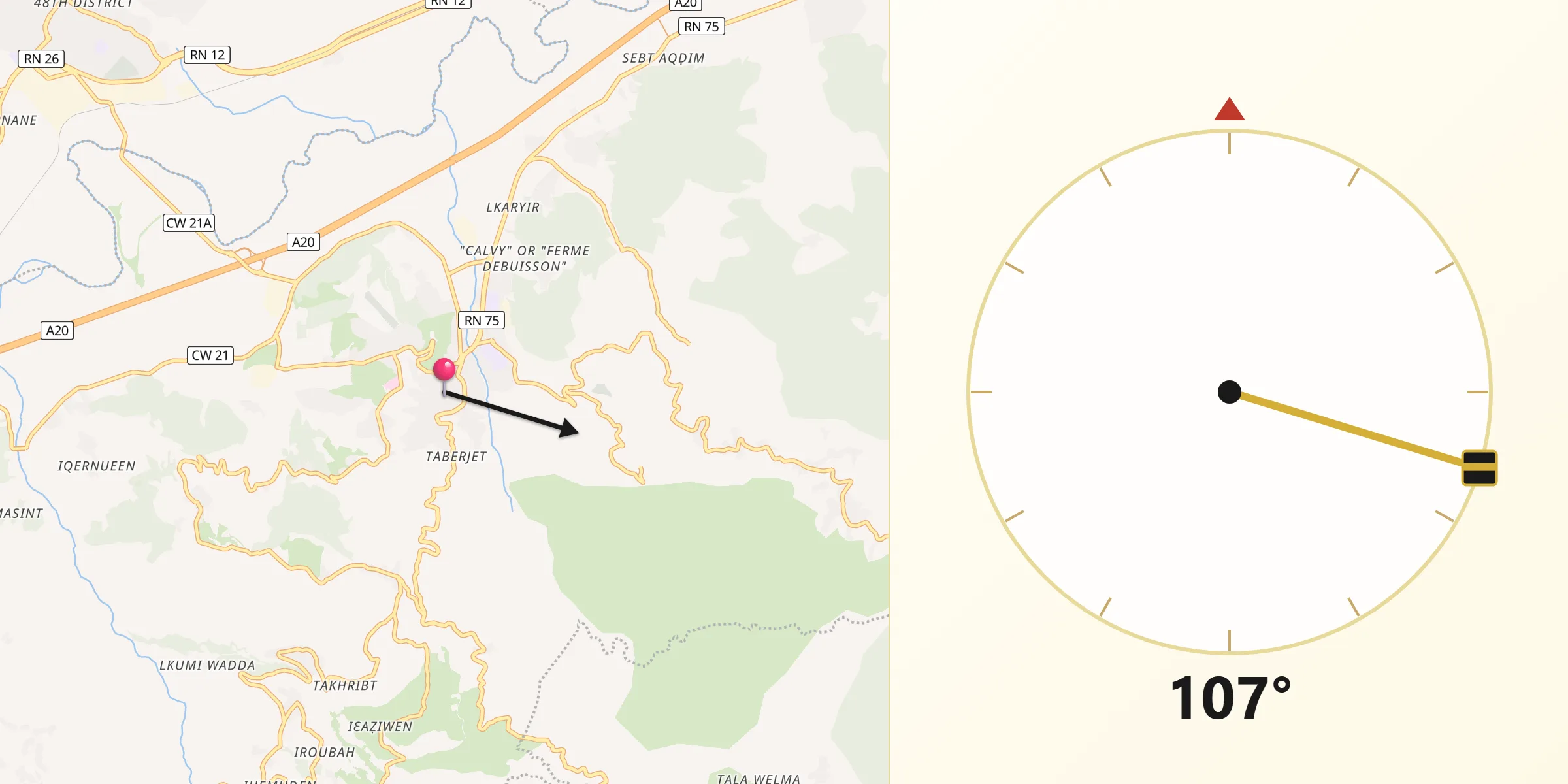 Direction vers la Qibla depuis Amizour