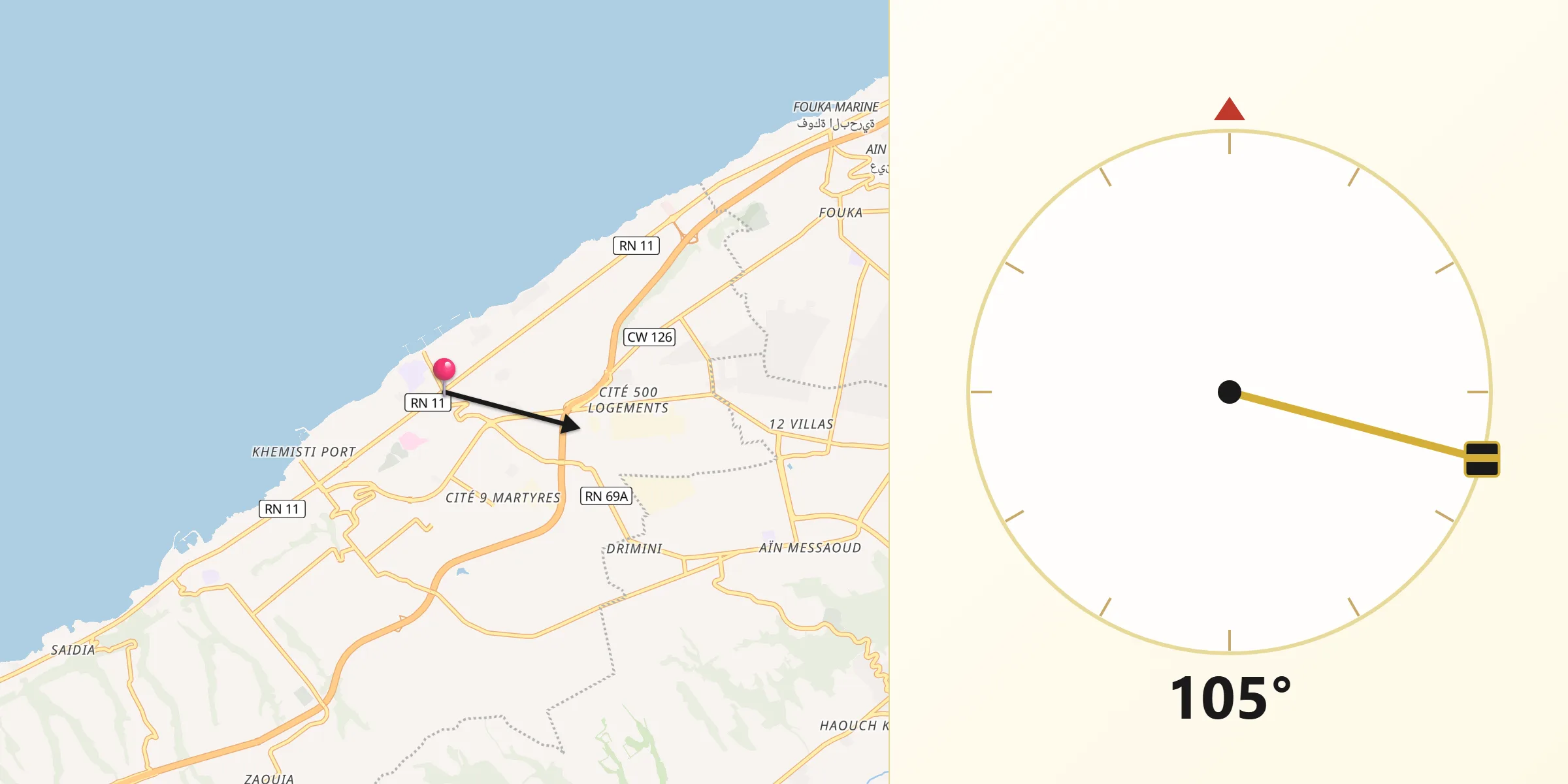 Direction vers la Qibla depuis Bou Ismaïl