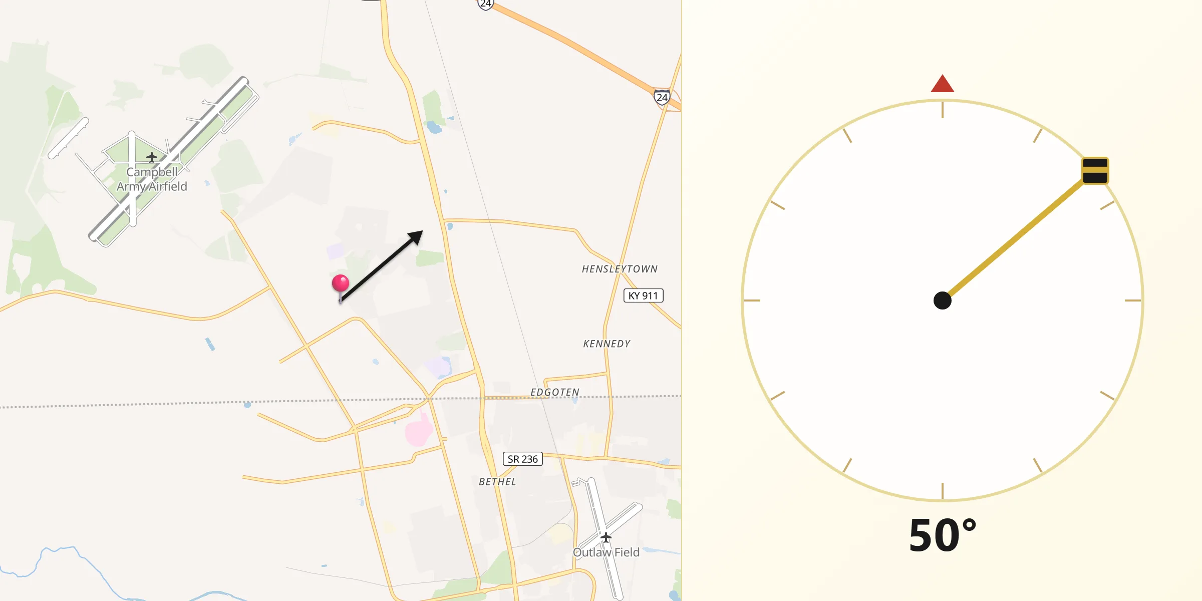 Qibla Direction from Fort Campbell North