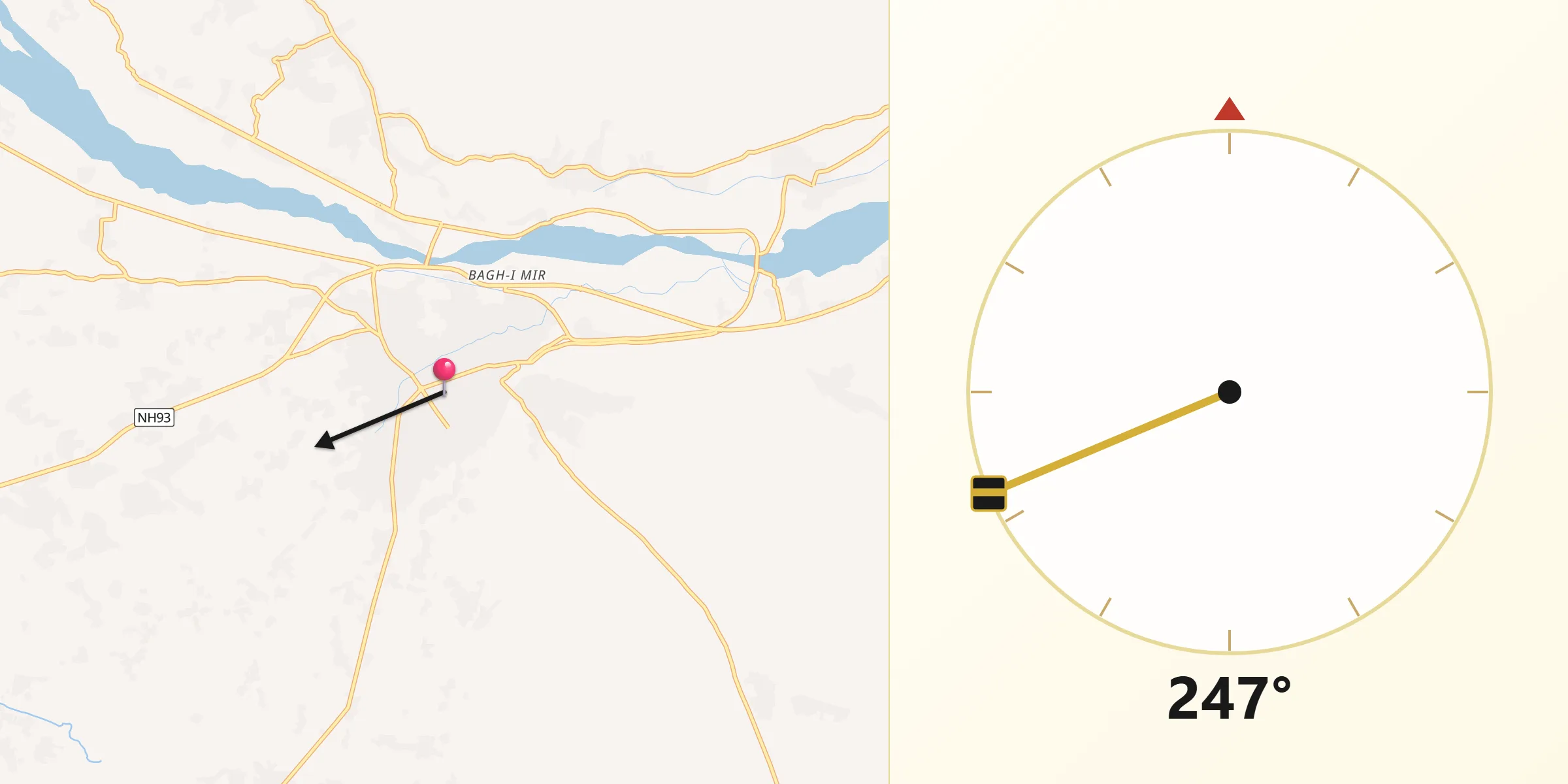 Direction vers la Qibla depuis Khanabad