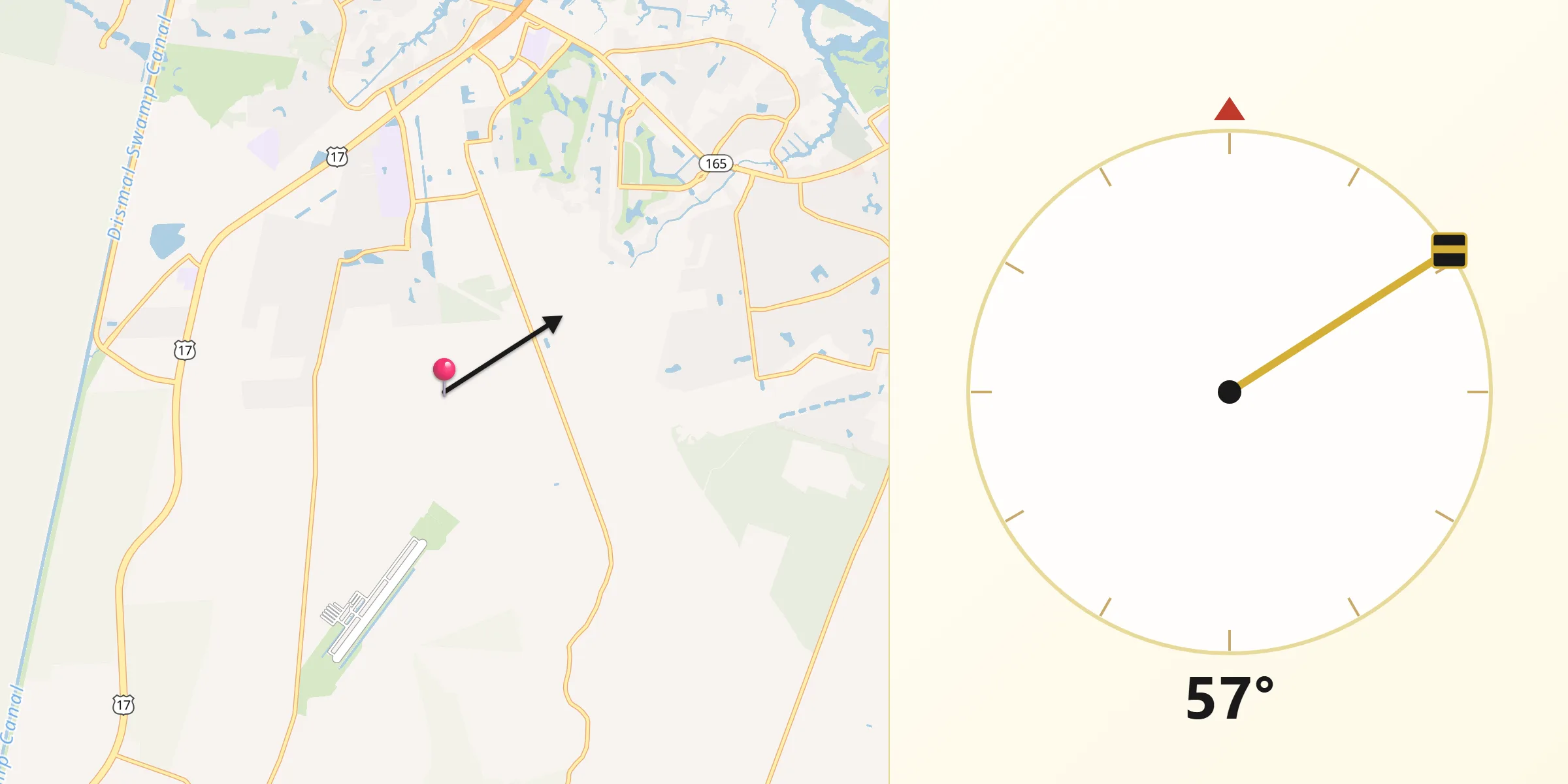 Qibla Direction from City of Chesapeake