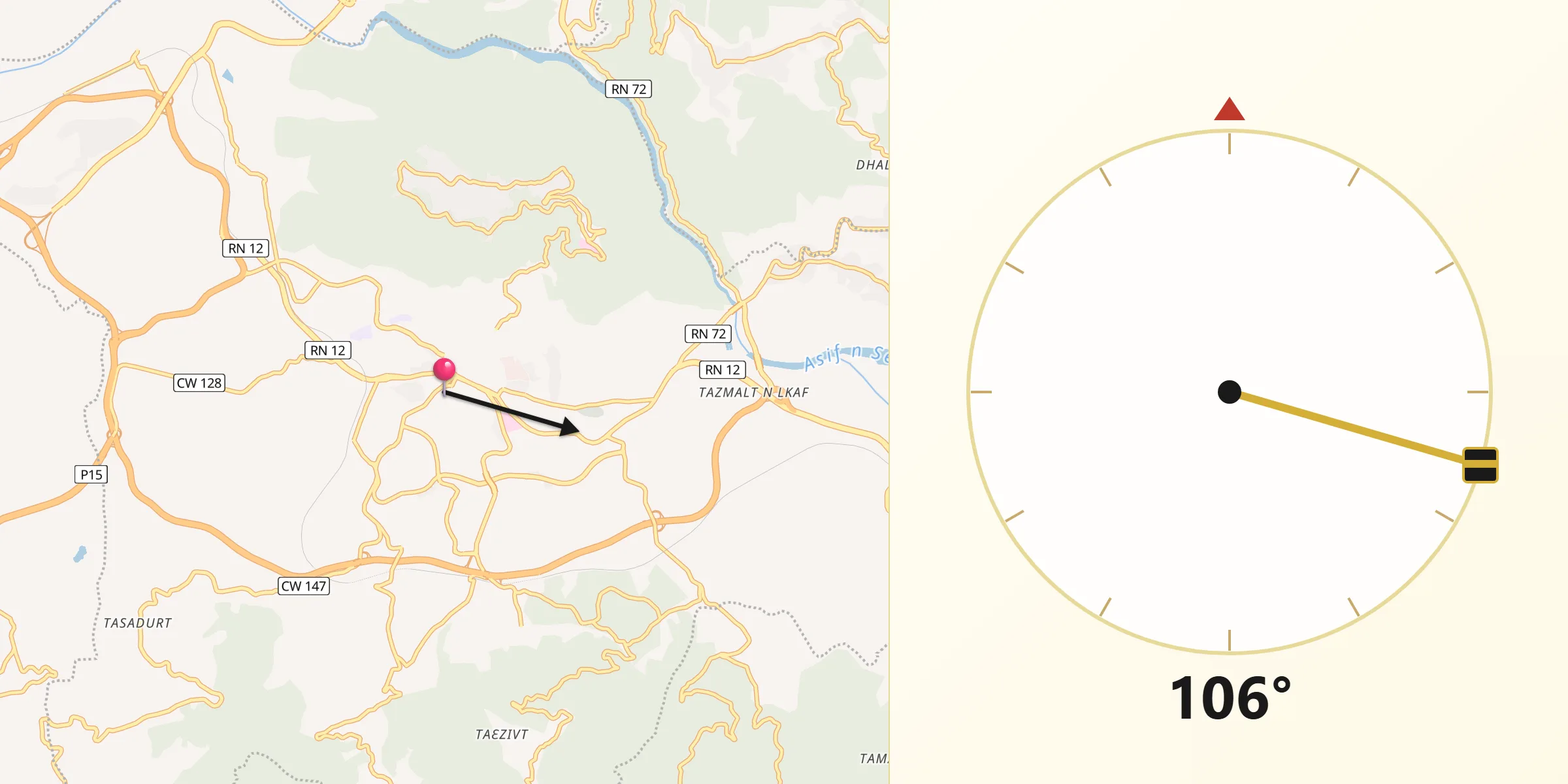 Direction vers la Qibla depuis Tizi-Ouzou