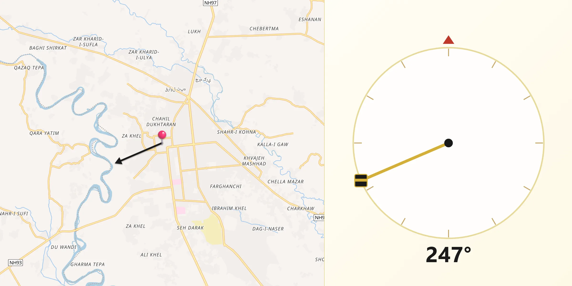 Direction vers la Qibla depuis Kondôz