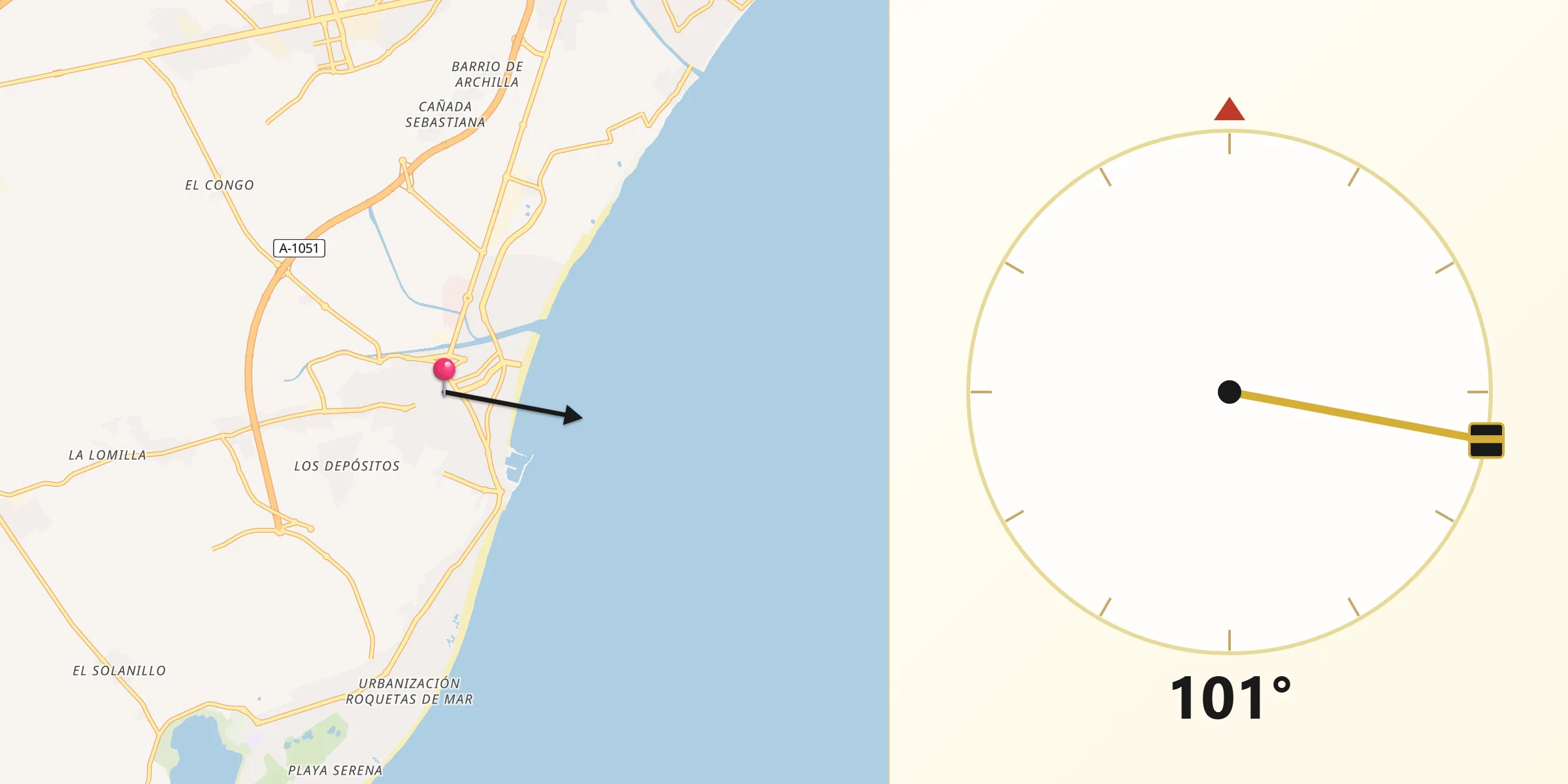 Dirección de la Qibla desde Roquetas de Mar