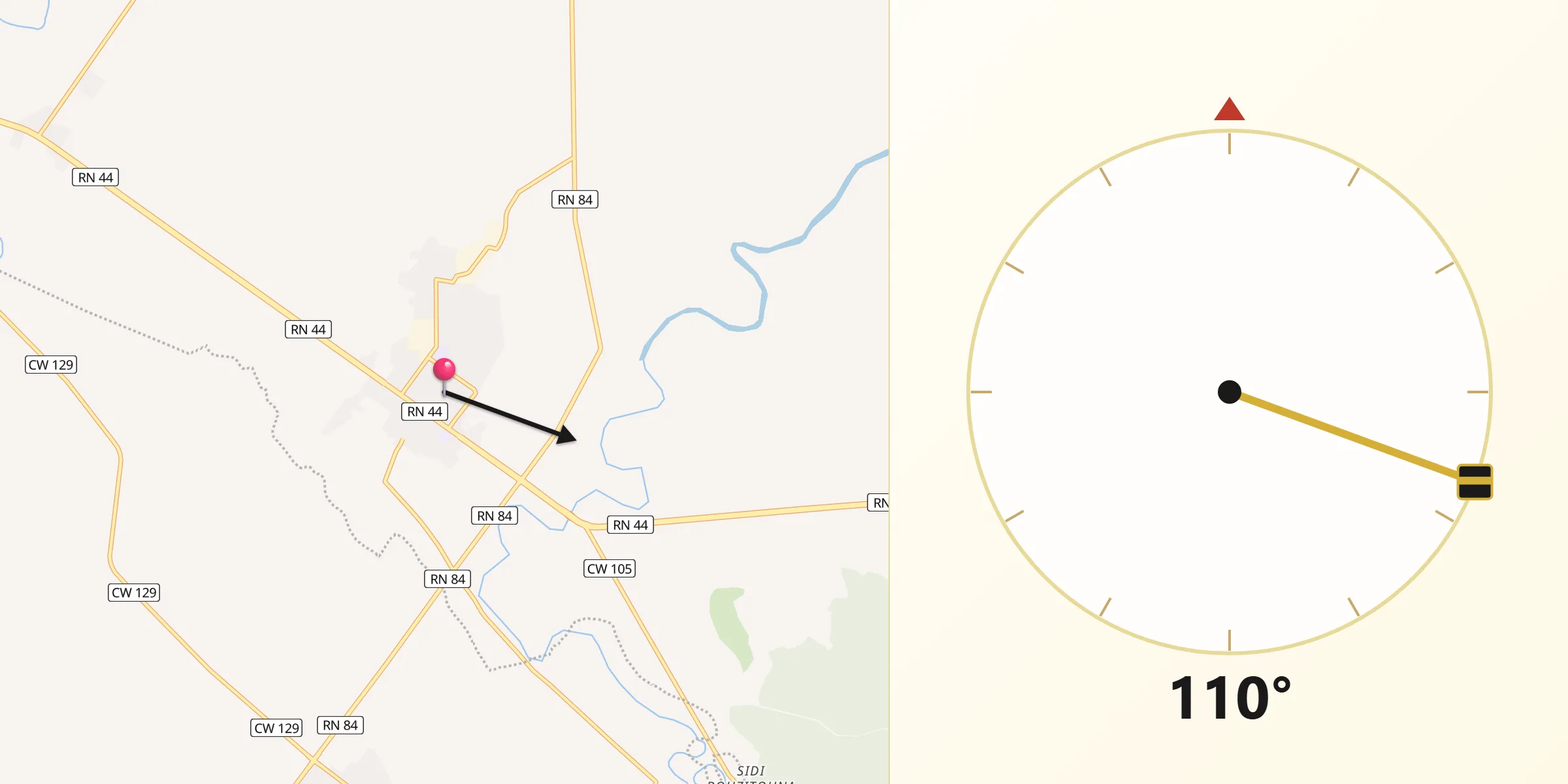 Direction vers la Qibla depuis Ben Mehidi