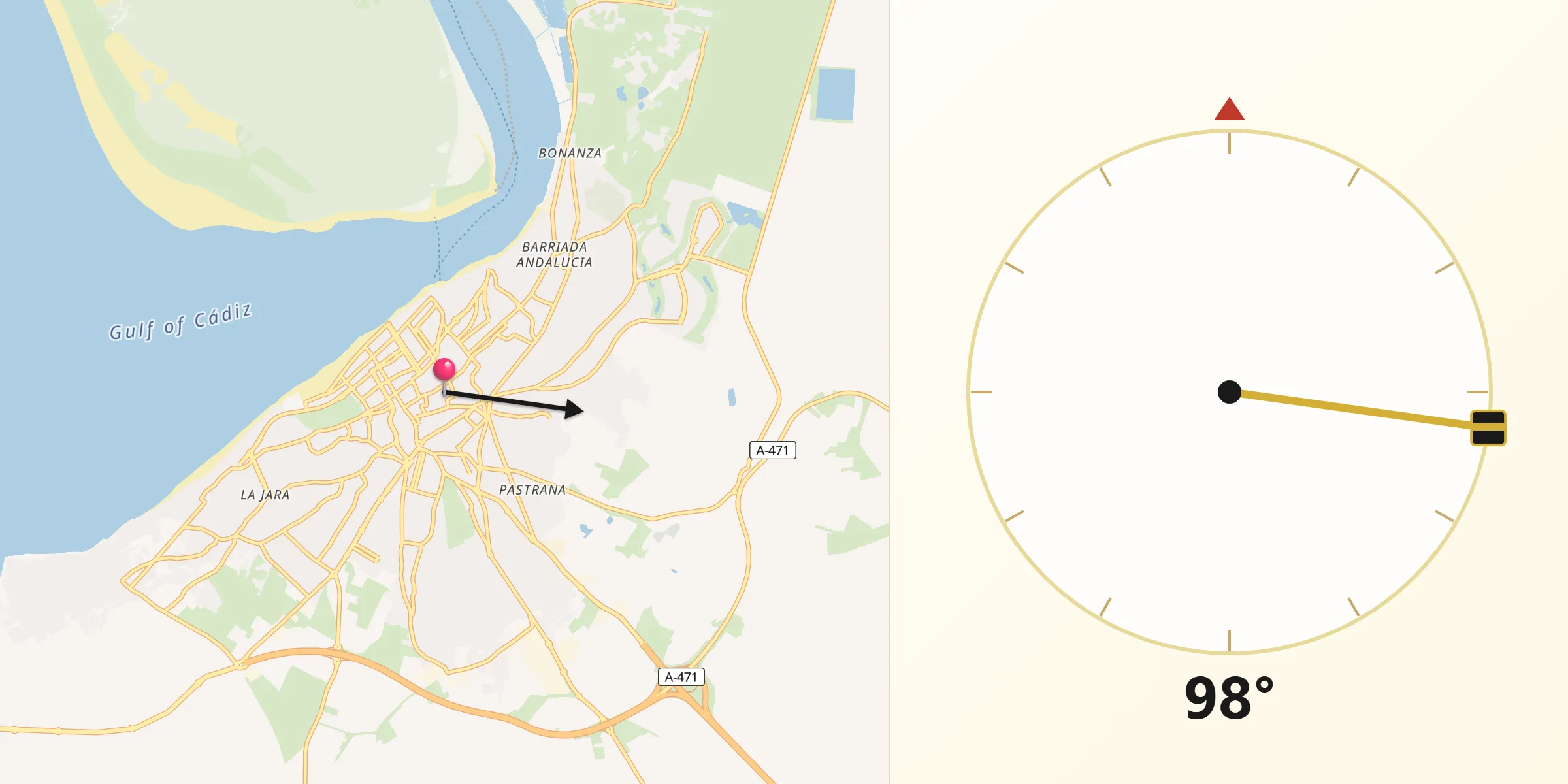 Dirección de la Qibla desde Sanlúcar de Barrameda