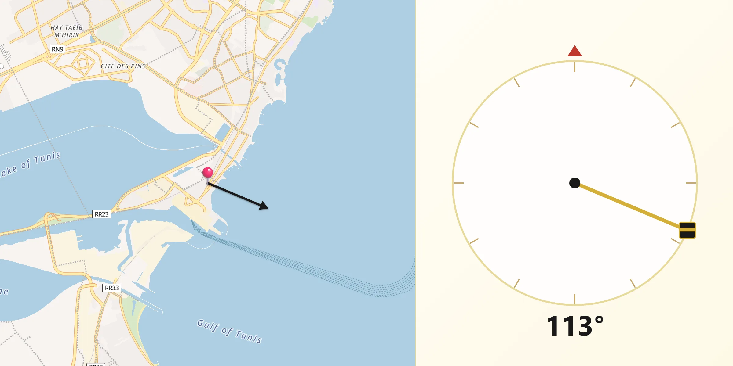 Direction vers la Qibla depuis La Goulette