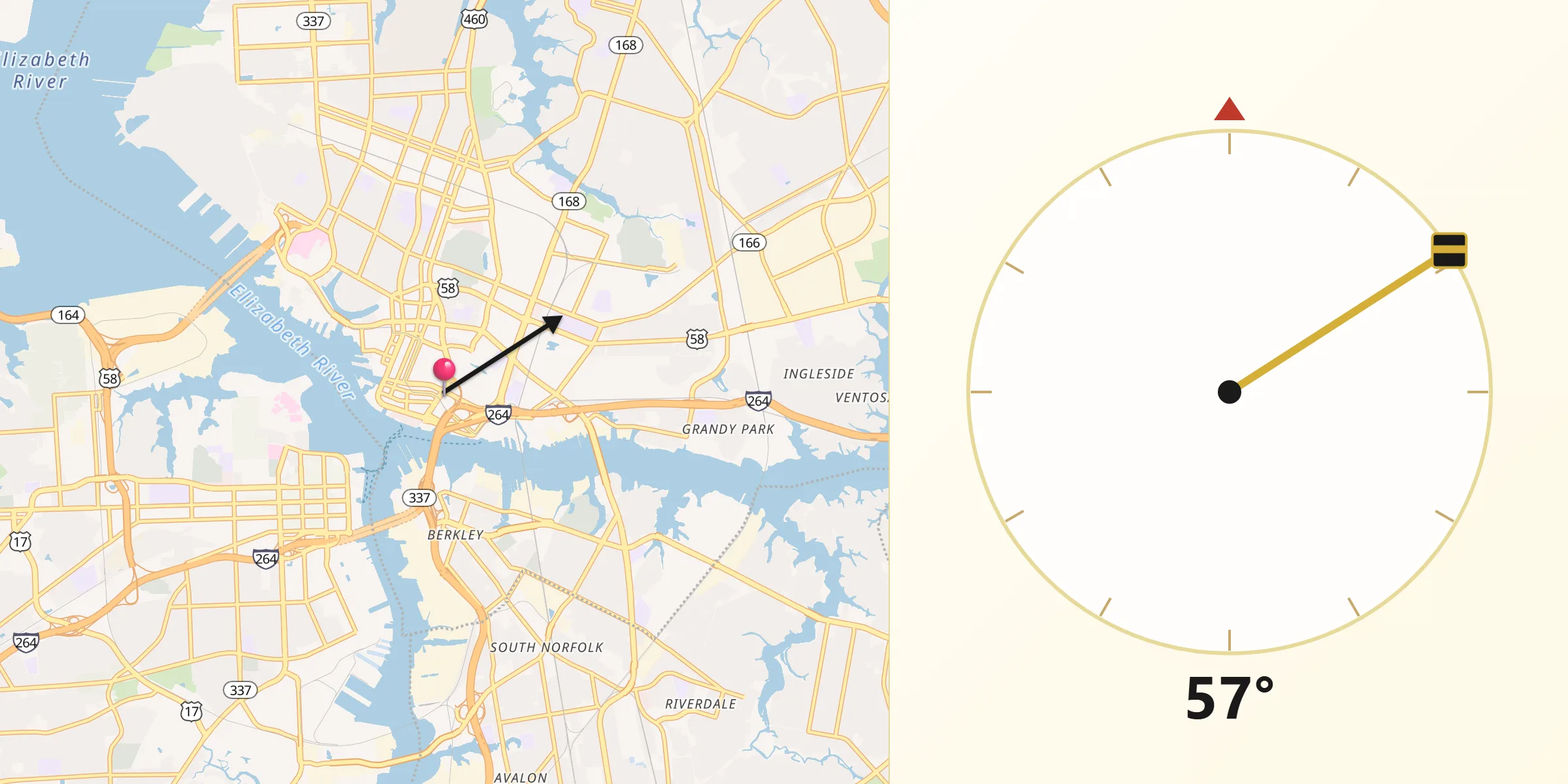 Dirección de la Qibla desde Norfolk