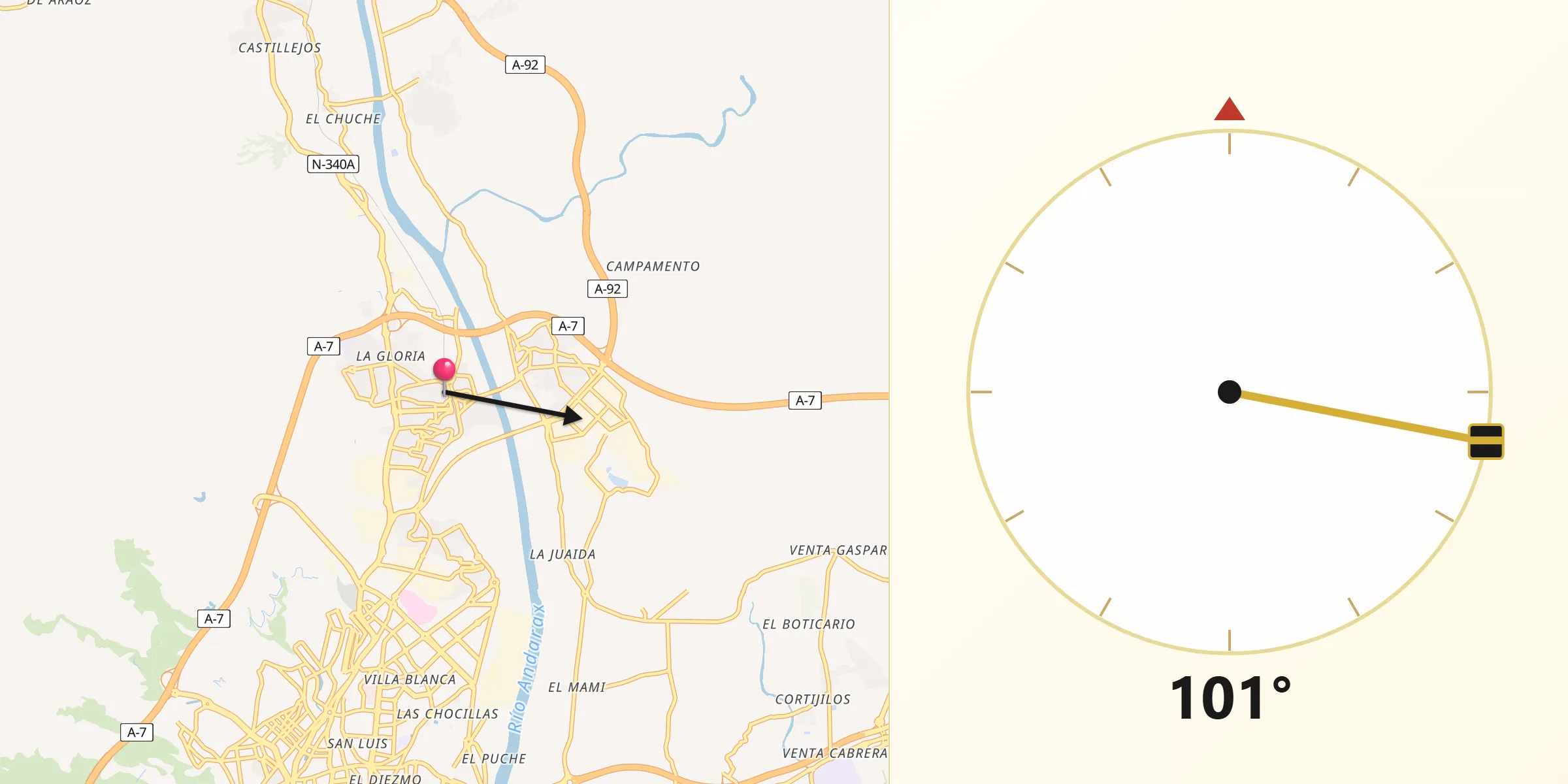 Dirección de la Qibla desde Huércal de Almería