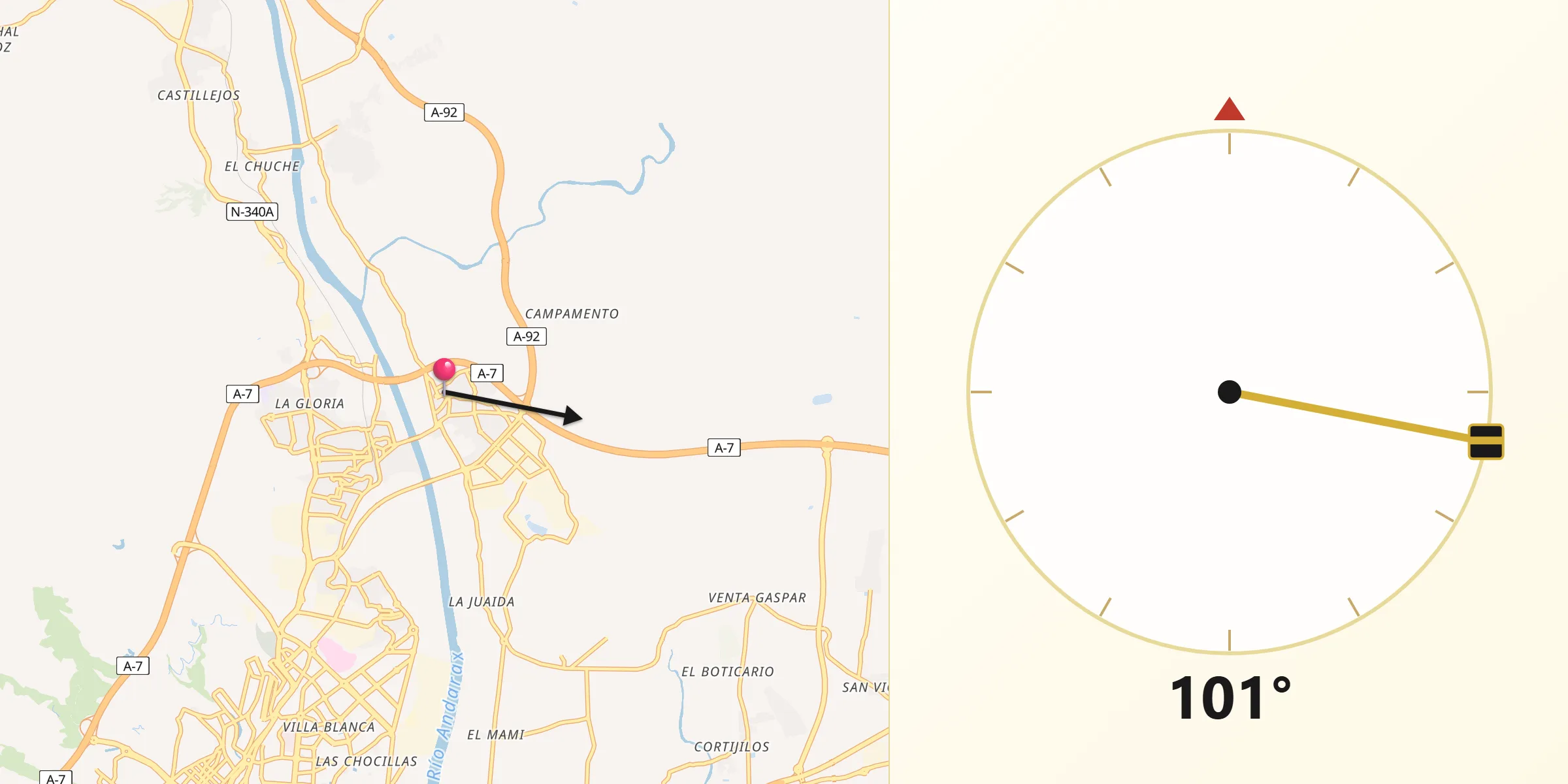 Dirección de la Qibla desde Viator