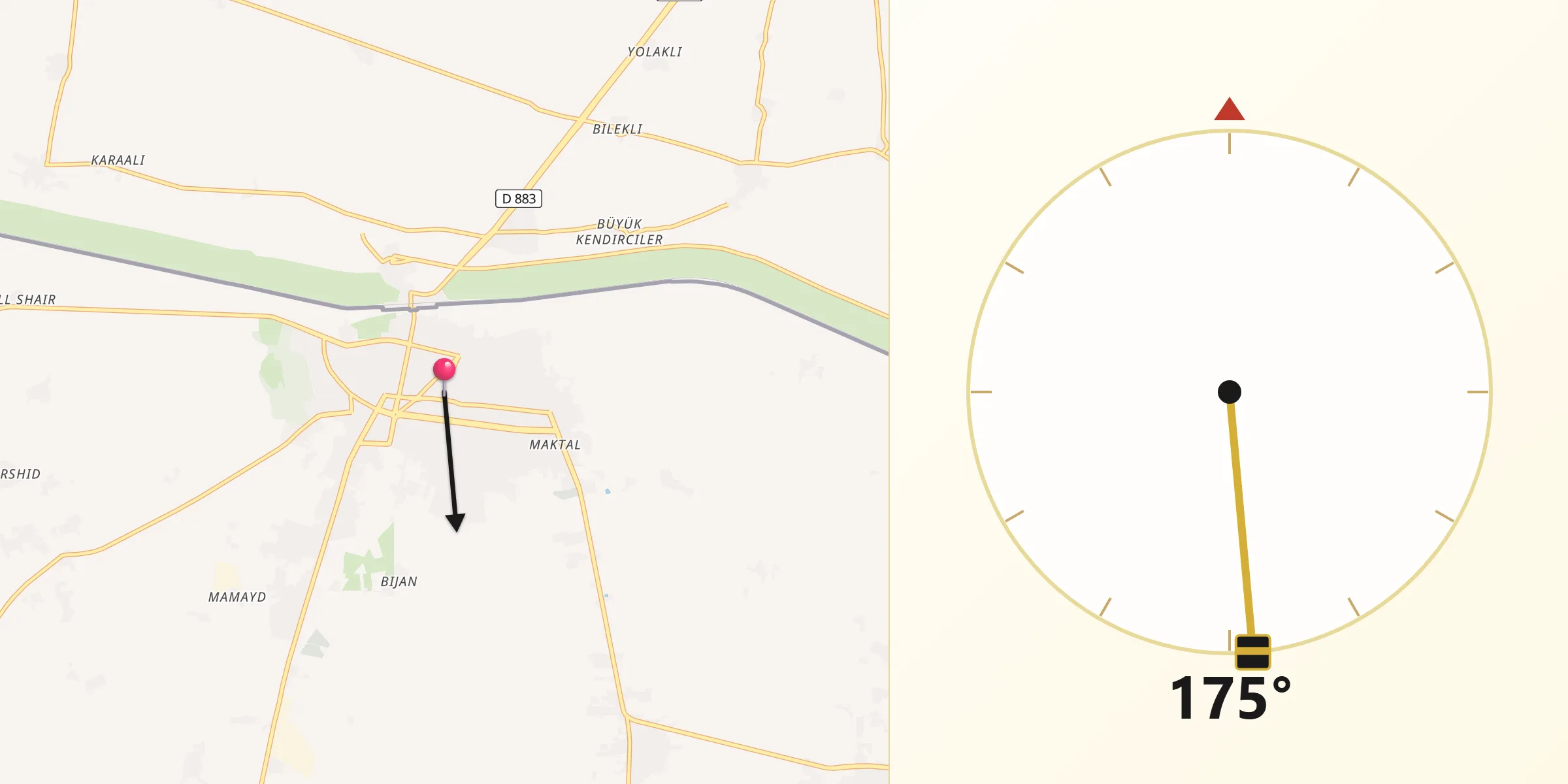 Direction vers la Qibla depuis ‘Ayn al ‘Arab