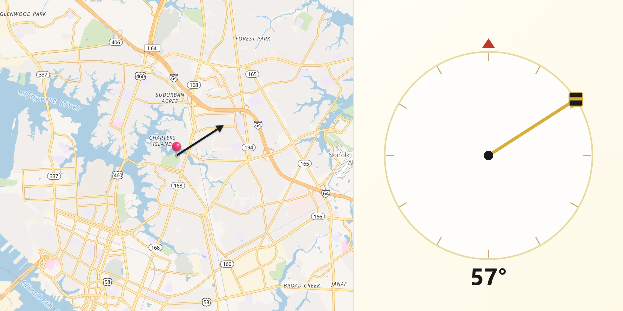 Qibla Direction from City of Norfolk