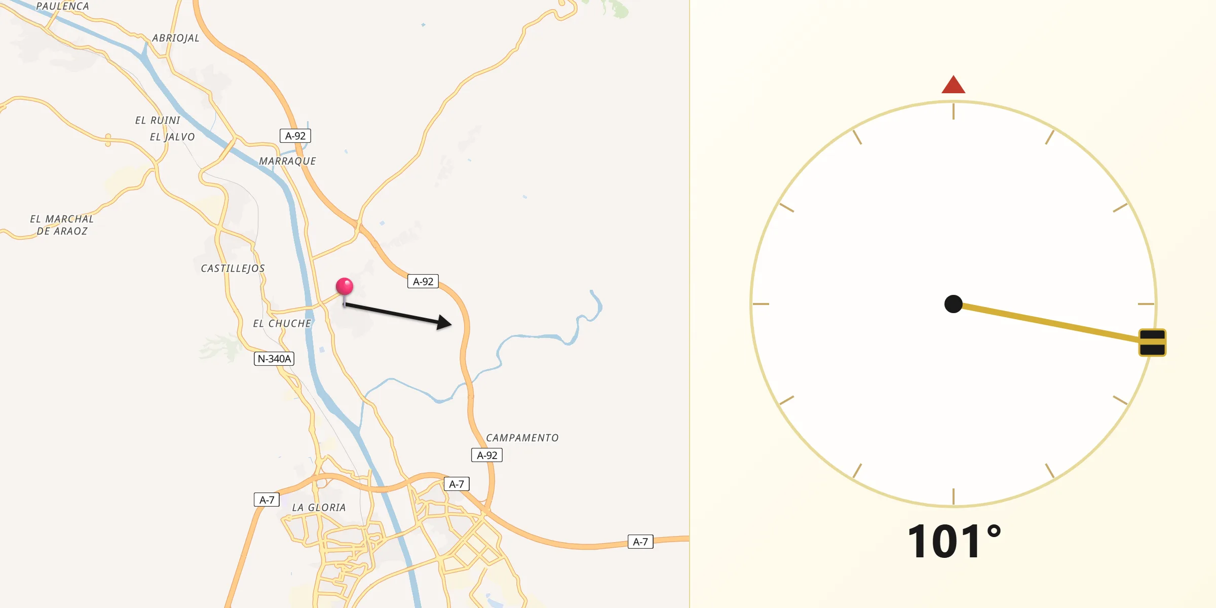 Dirección de la Qibla desde Pechina