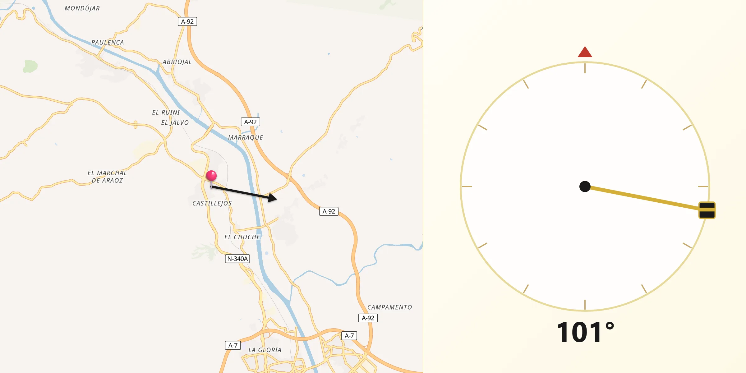 Dirección de la Qibla desde Benahadux