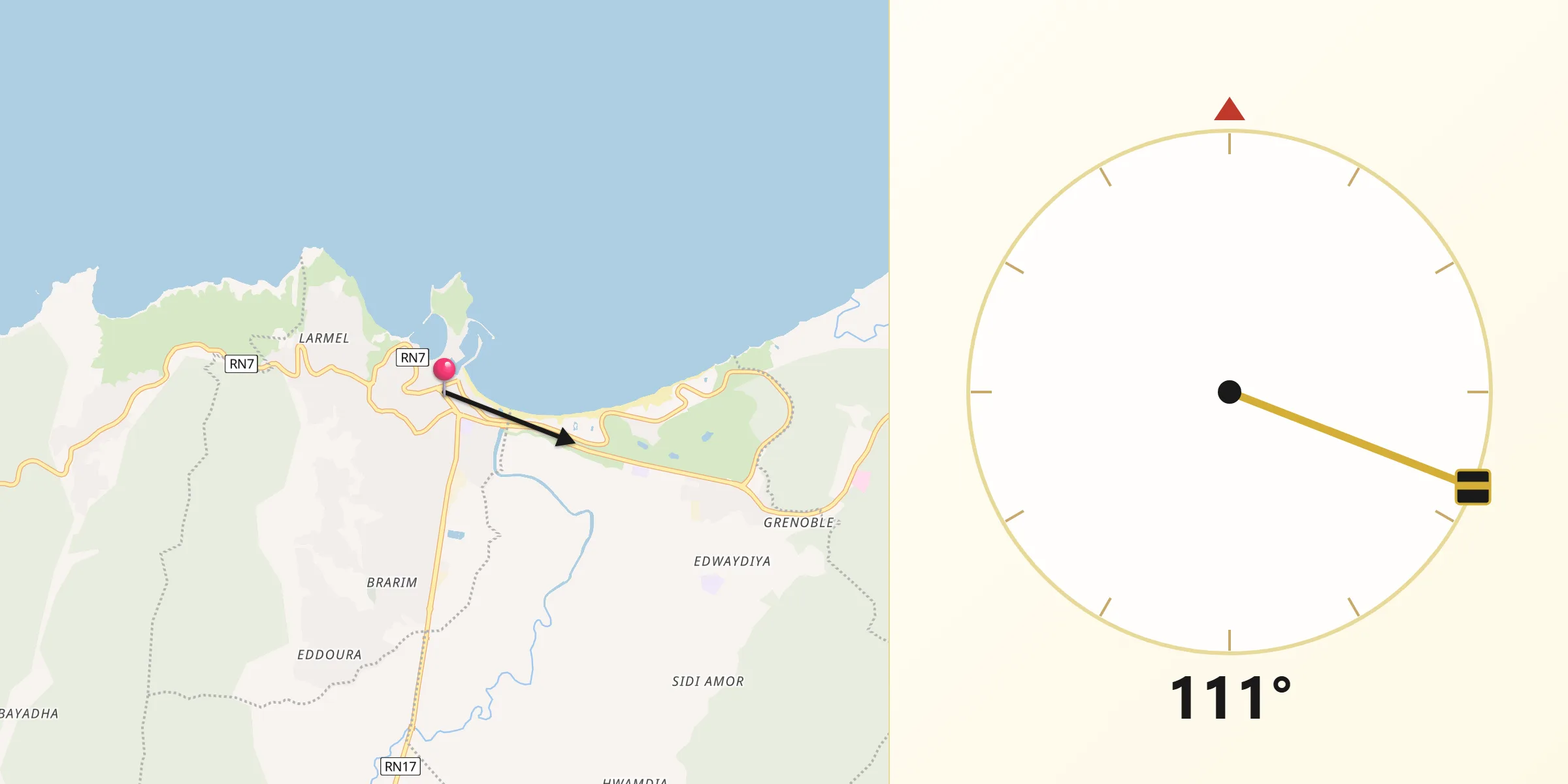 Direction vers la Qibla depuis Tabarka