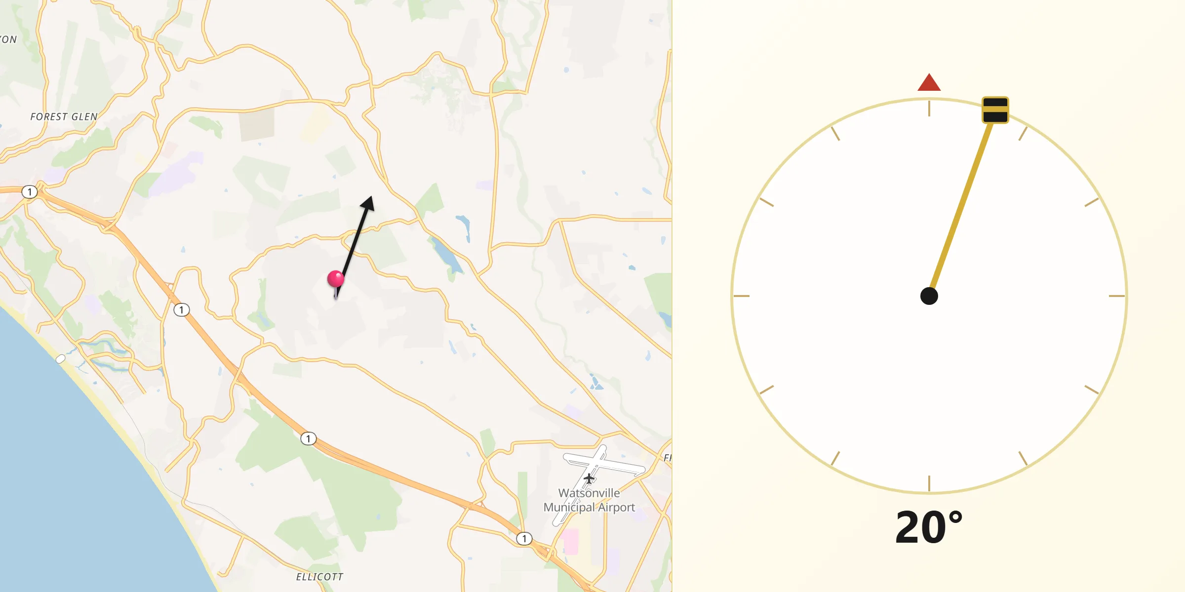 Qibla Direction from Aptos Hills-Larkin Valley