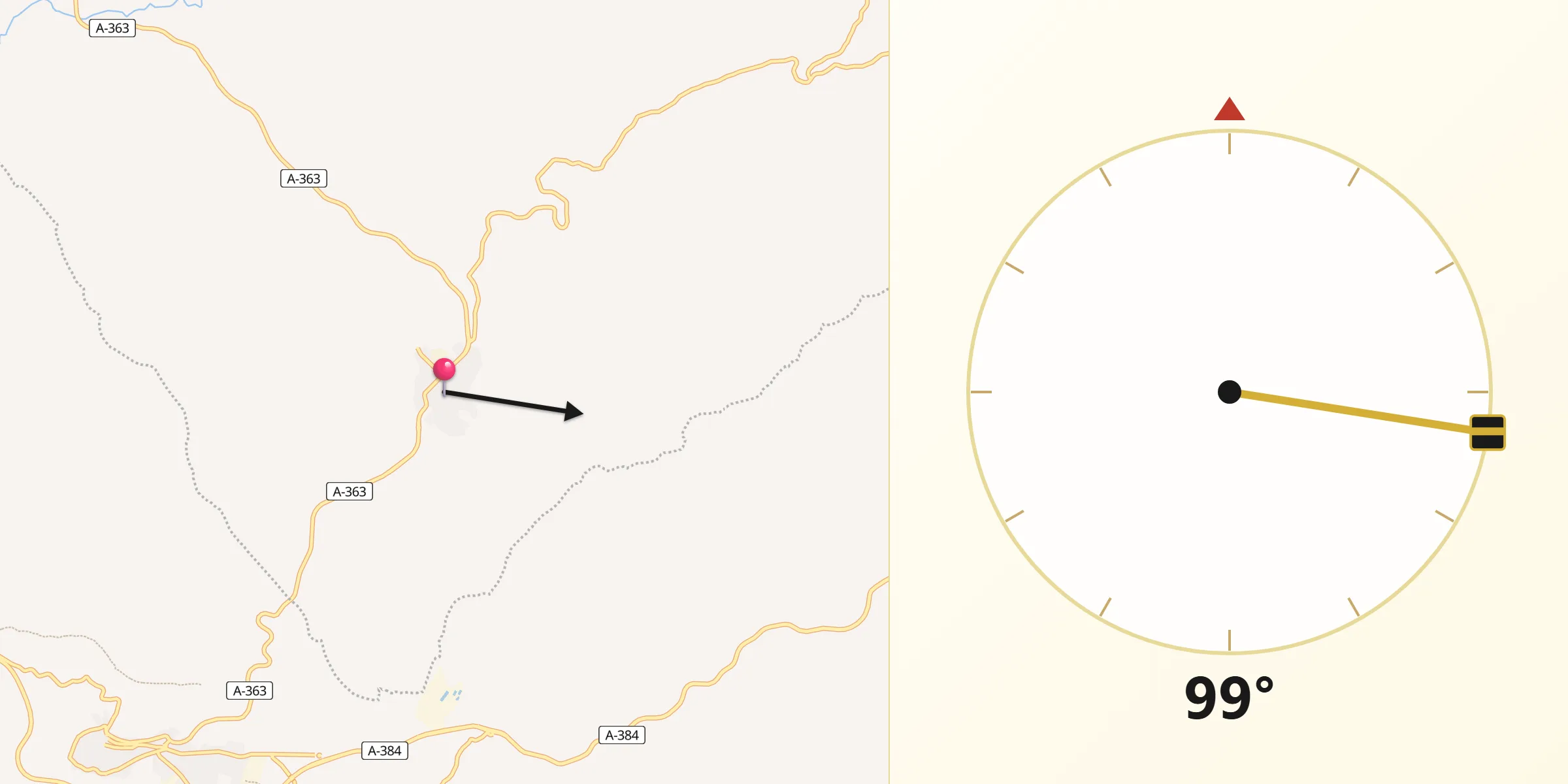 Dirección de la Qibla desde Pruna