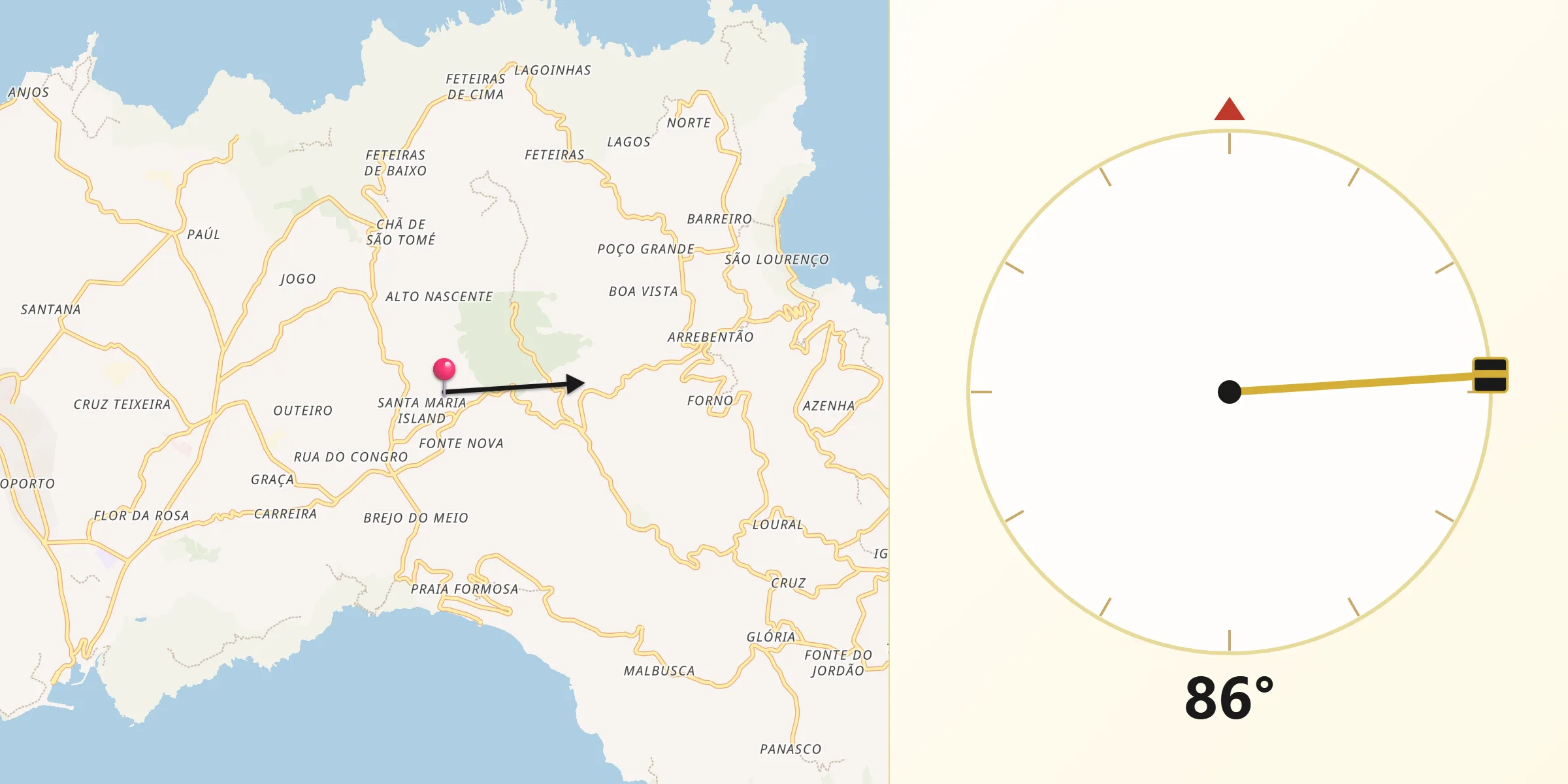 Direção da Qibla a partir de Vila do Porto