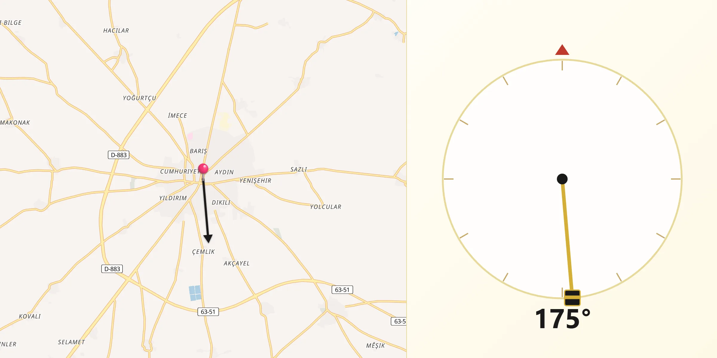Direction vers la Qibla depuis Suruç