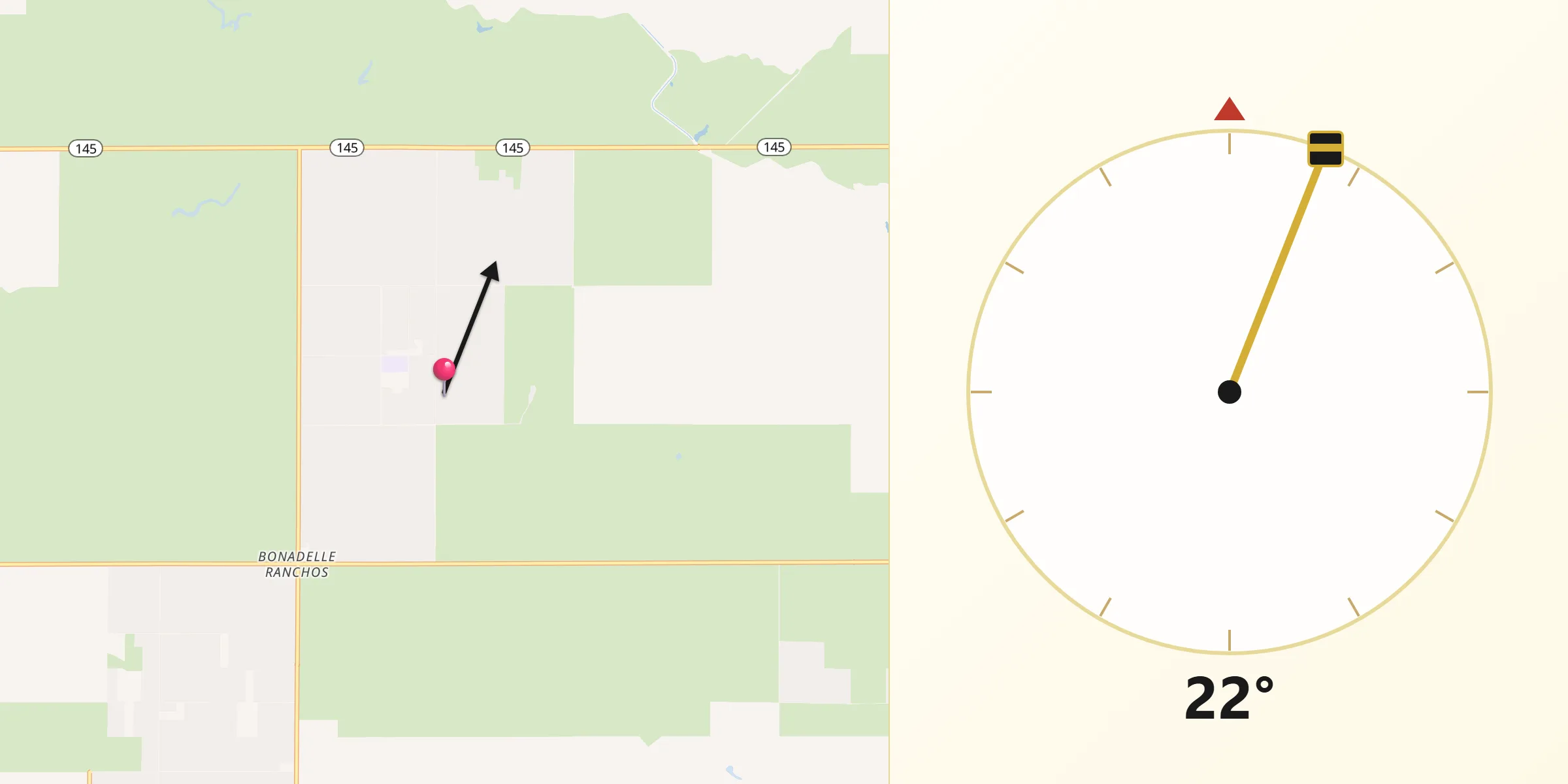 Qibla Direction from Bonadelle Ranchos-Madera Ranchos