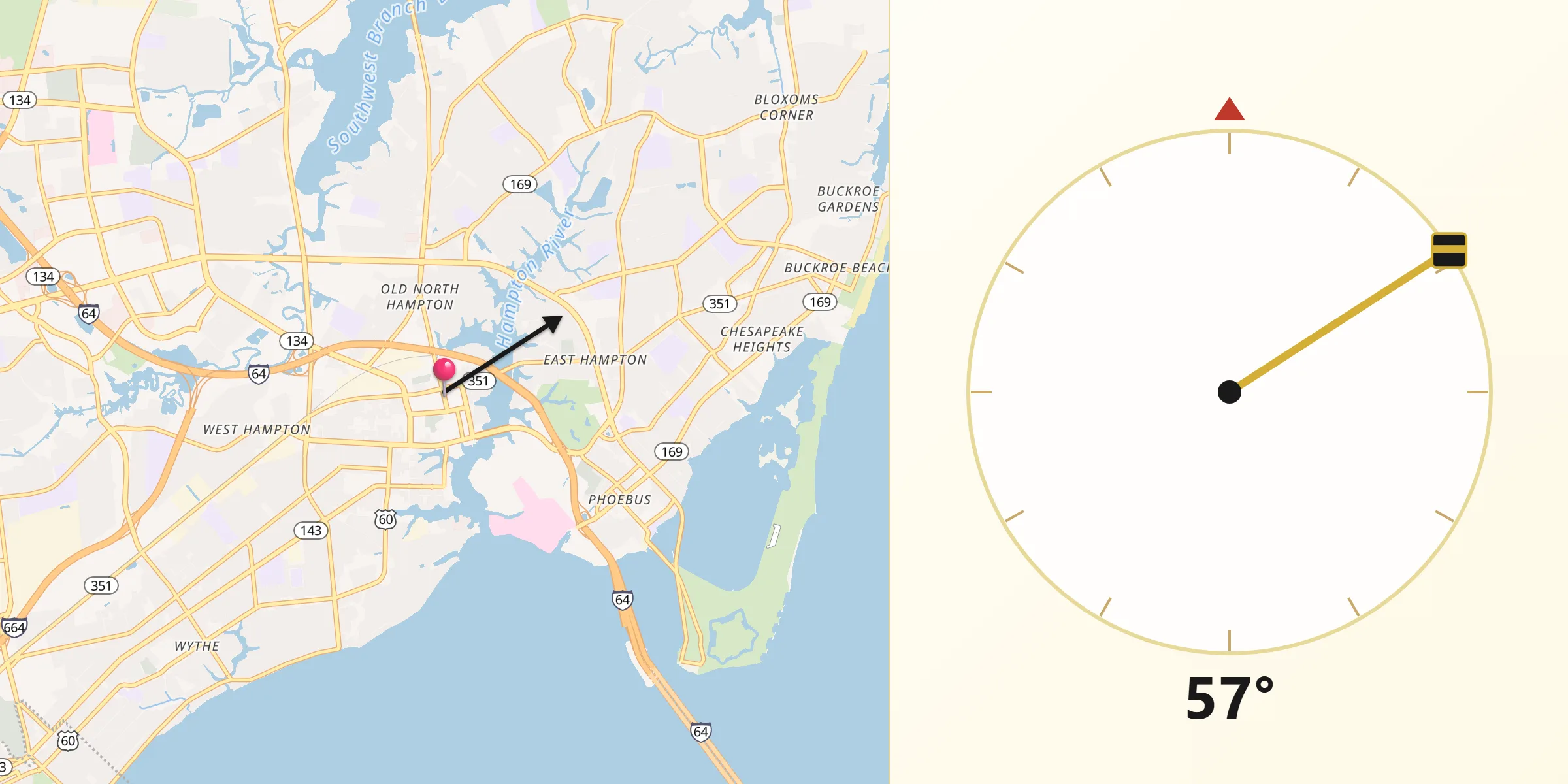 Dirección de la Qibla desde Hampton