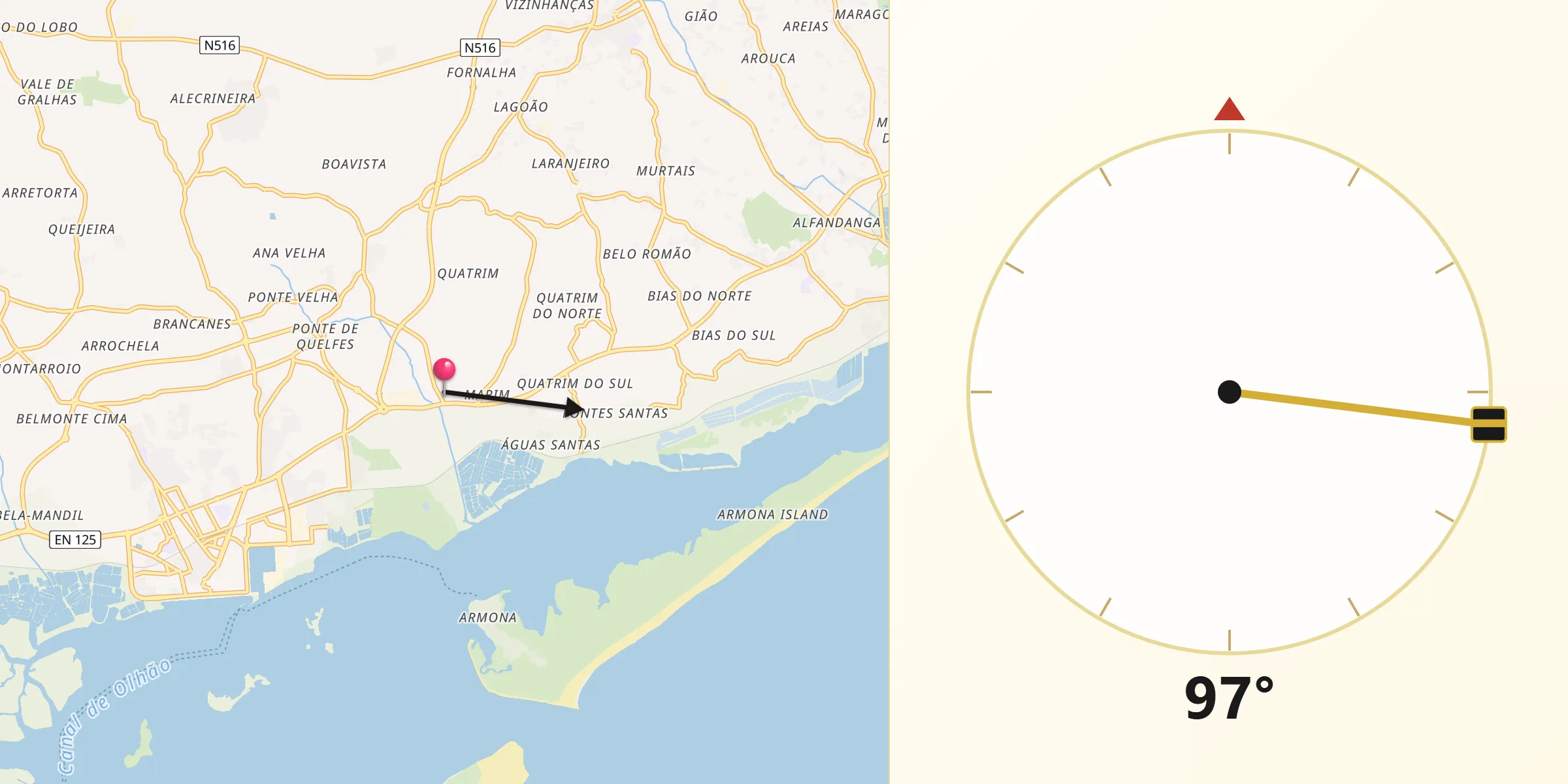 Direção da Qibla a partir de Olhão