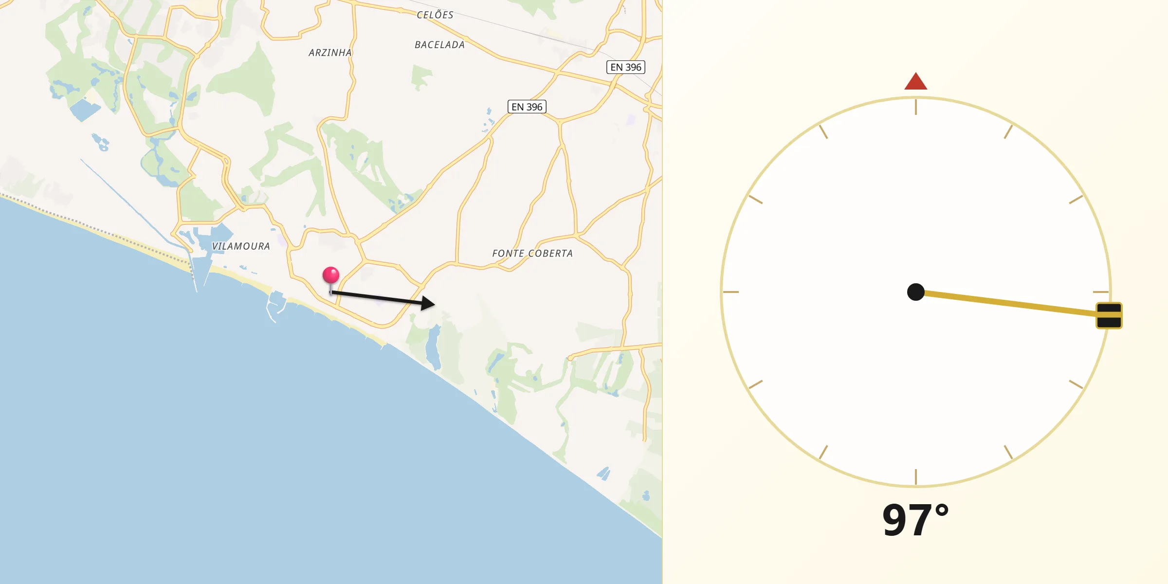Direção da Qibla a partir de Quarteira