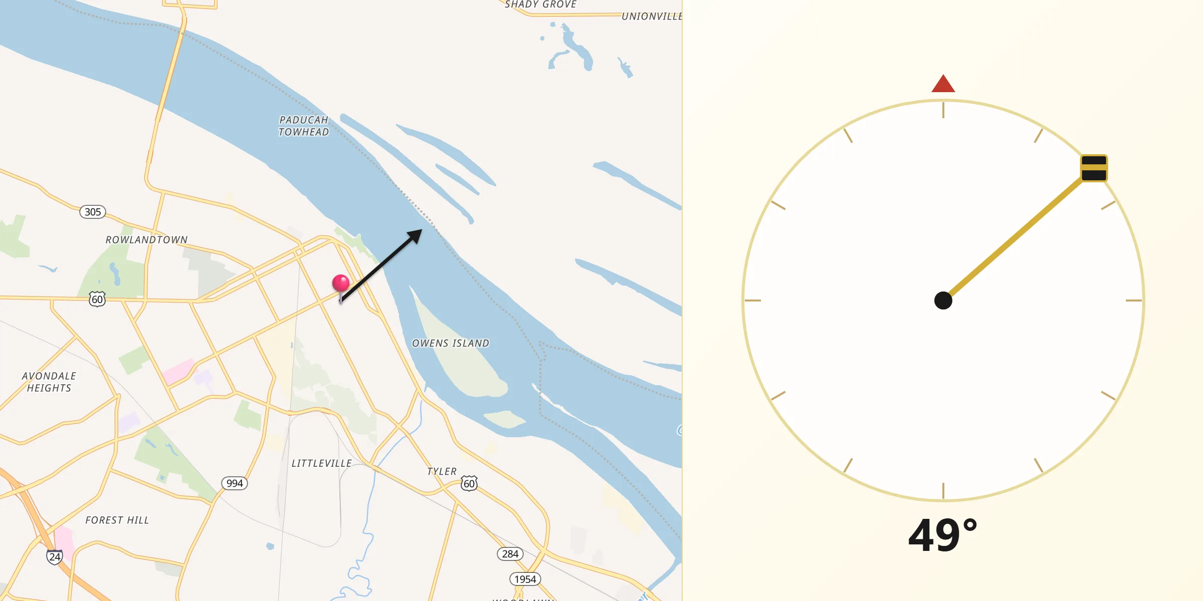 Qibla Direction from Paducah