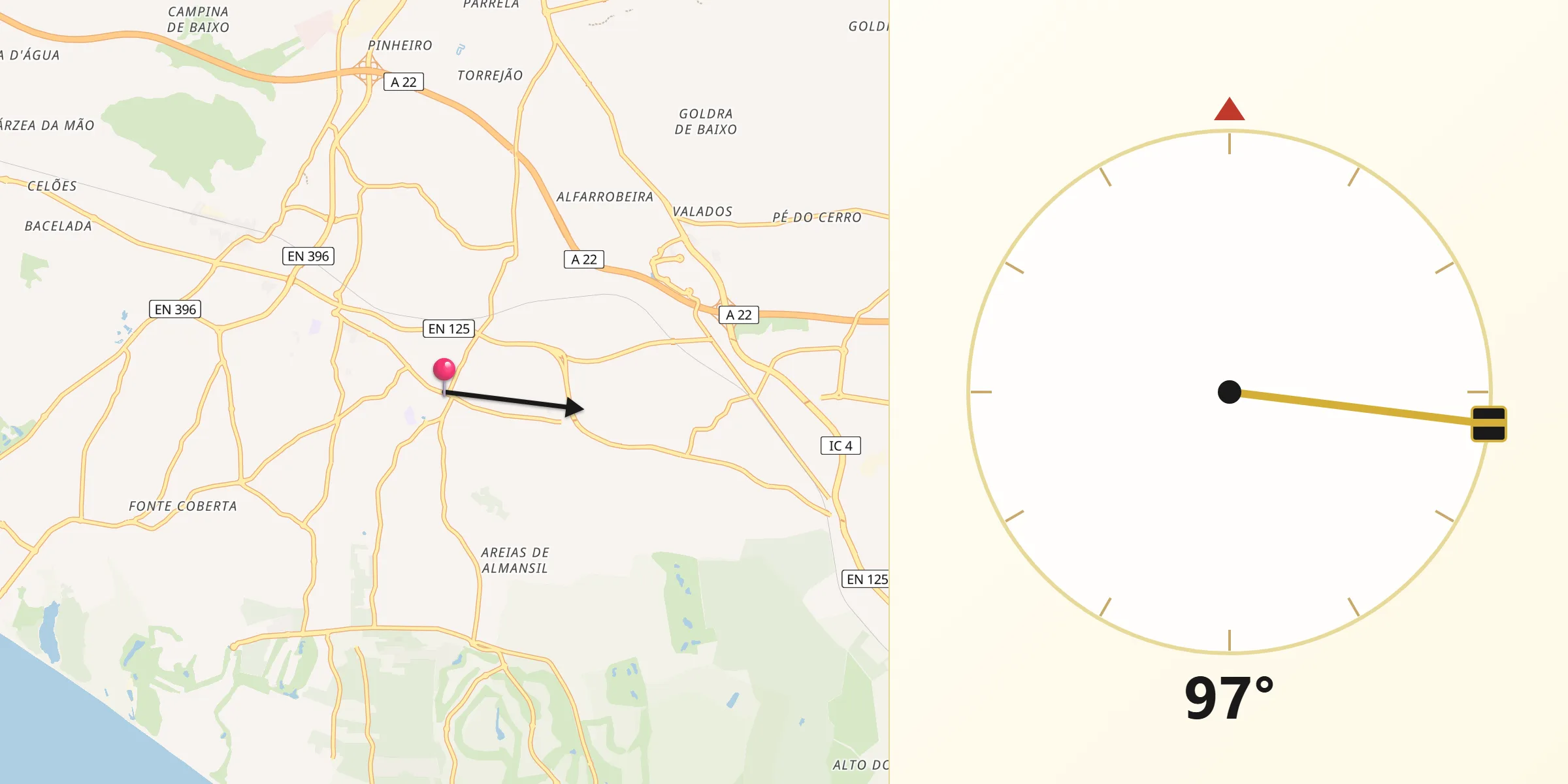 Direção da Qibla a partir de Almancil