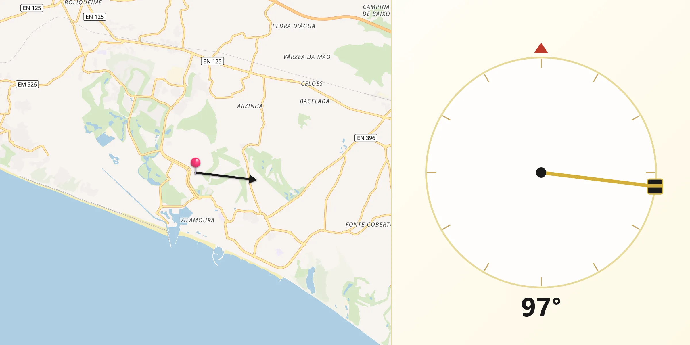 Direção da Qibla a partir de Vilamoura