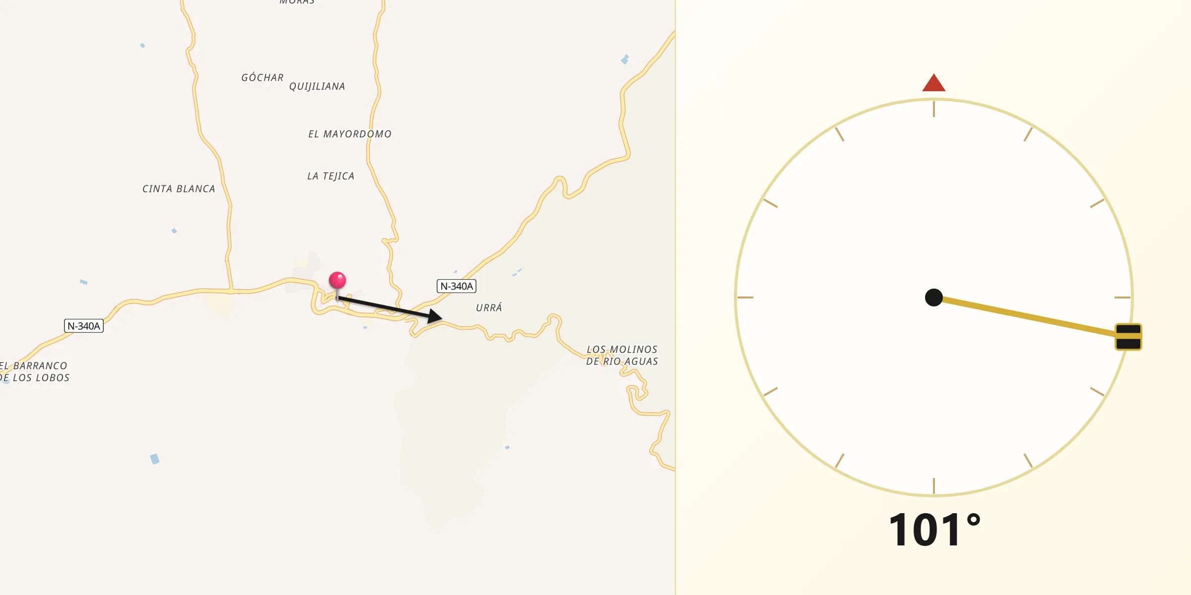 Dirección de la Qibla desde Sorbas