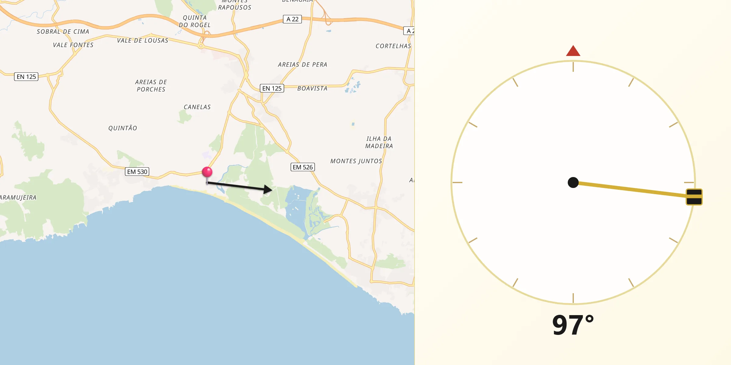 Direção da Qibla a partir de Armação de Pêra