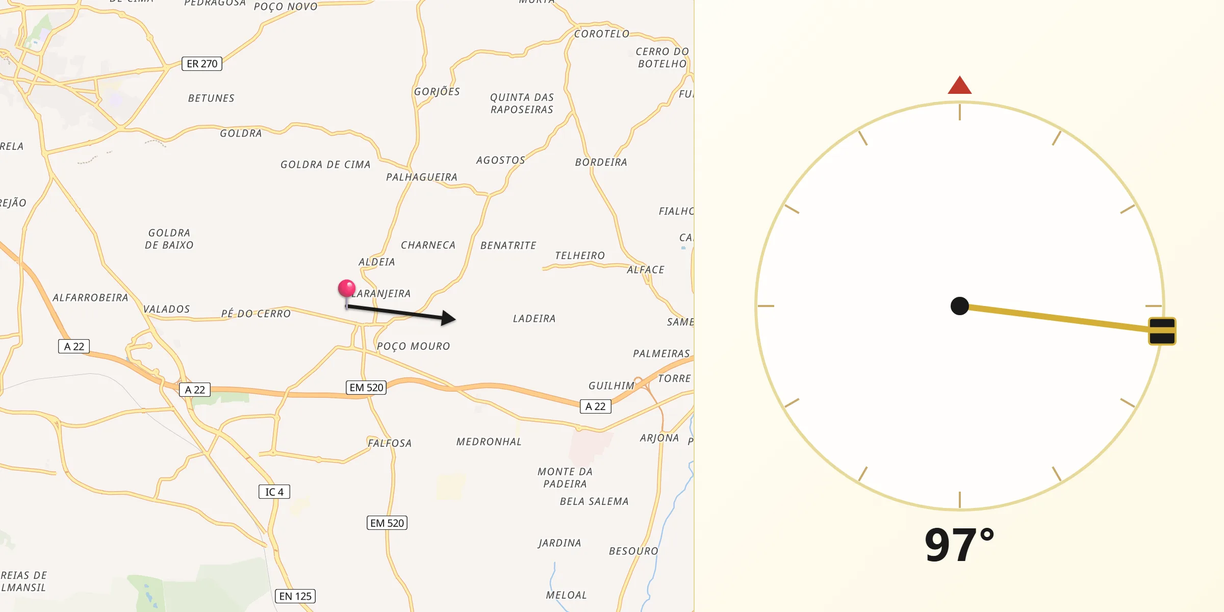 Direção da Qibla a partir de Santa Bárbara de Nexe