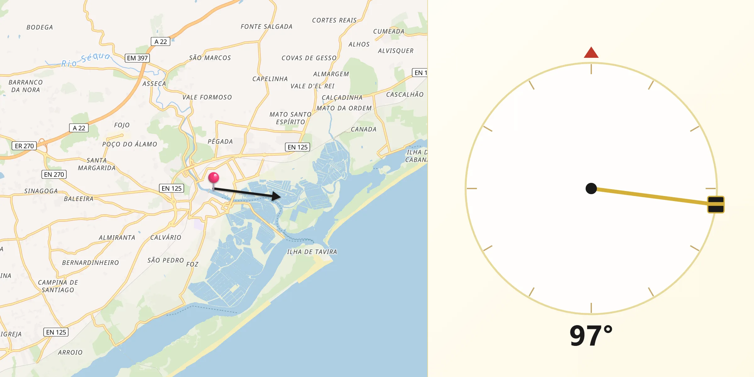 Direção da Qibla a partir de Tavira