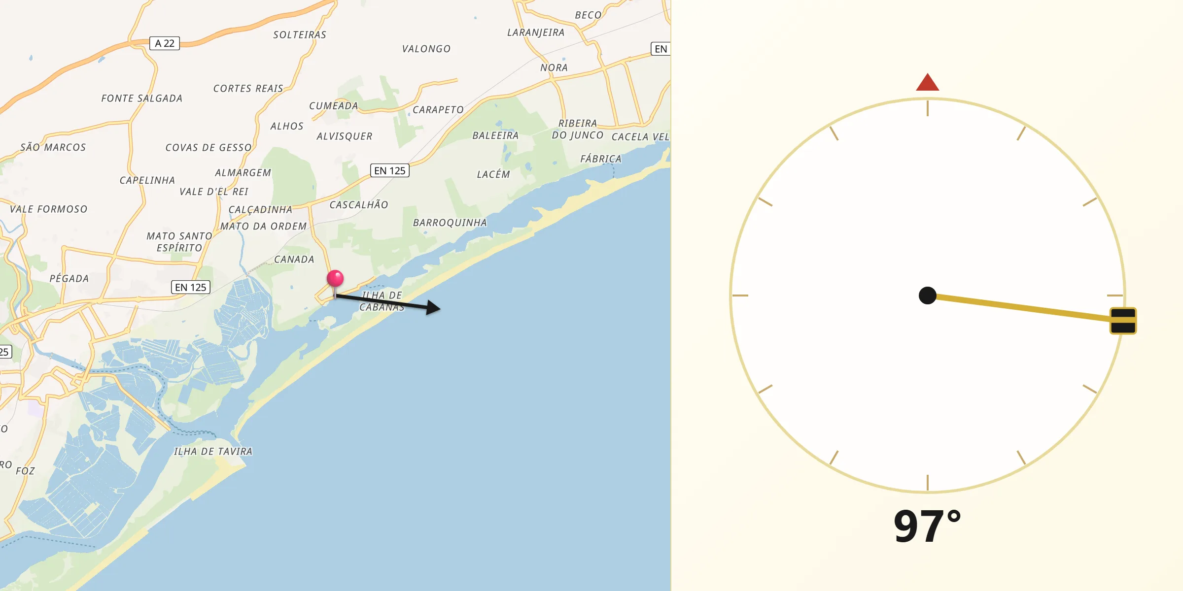 Direção da Qibla a partir de Cabanas de Tavira