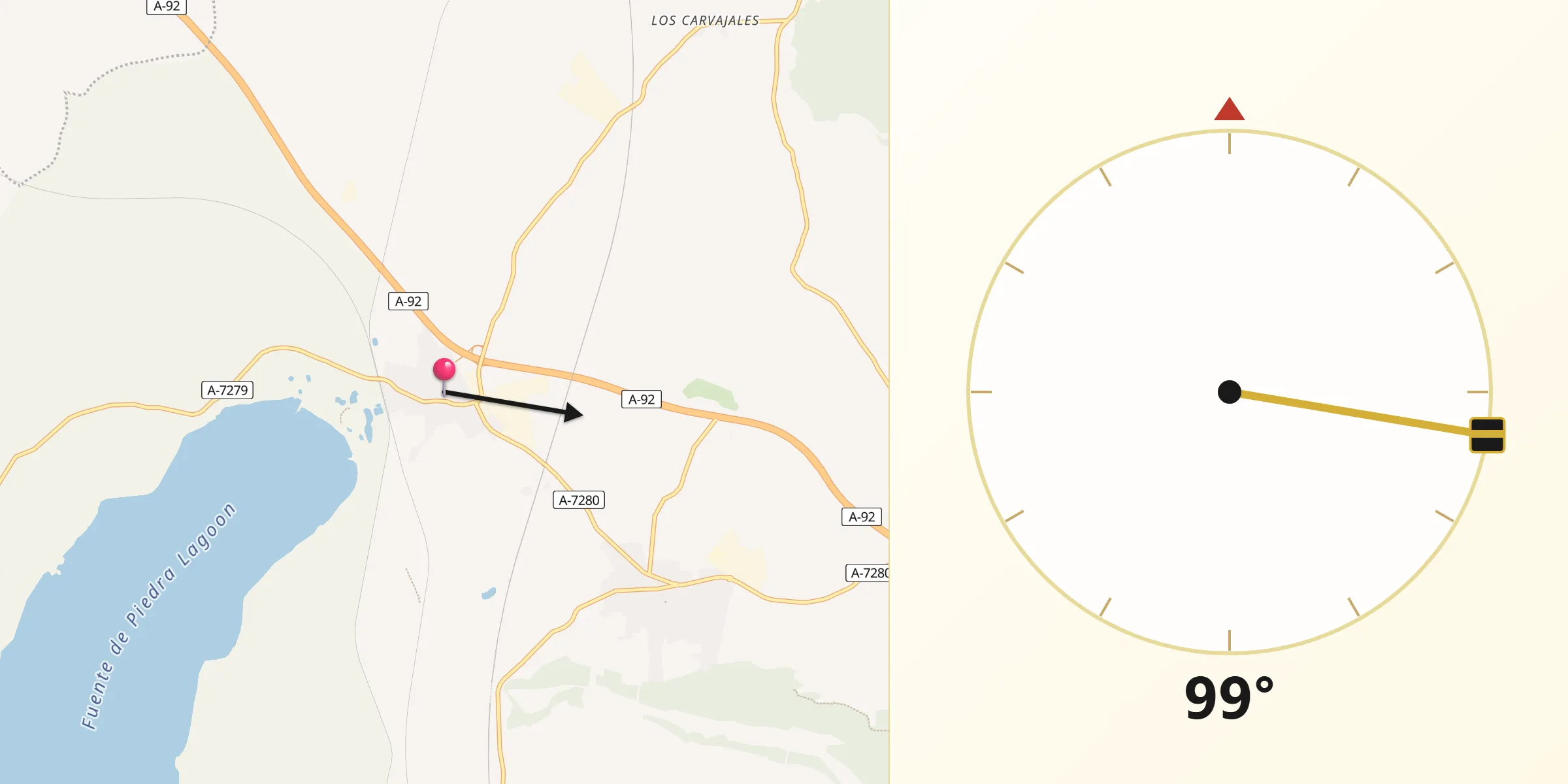 Dirección de la Qibla desde Fuente de Piedra