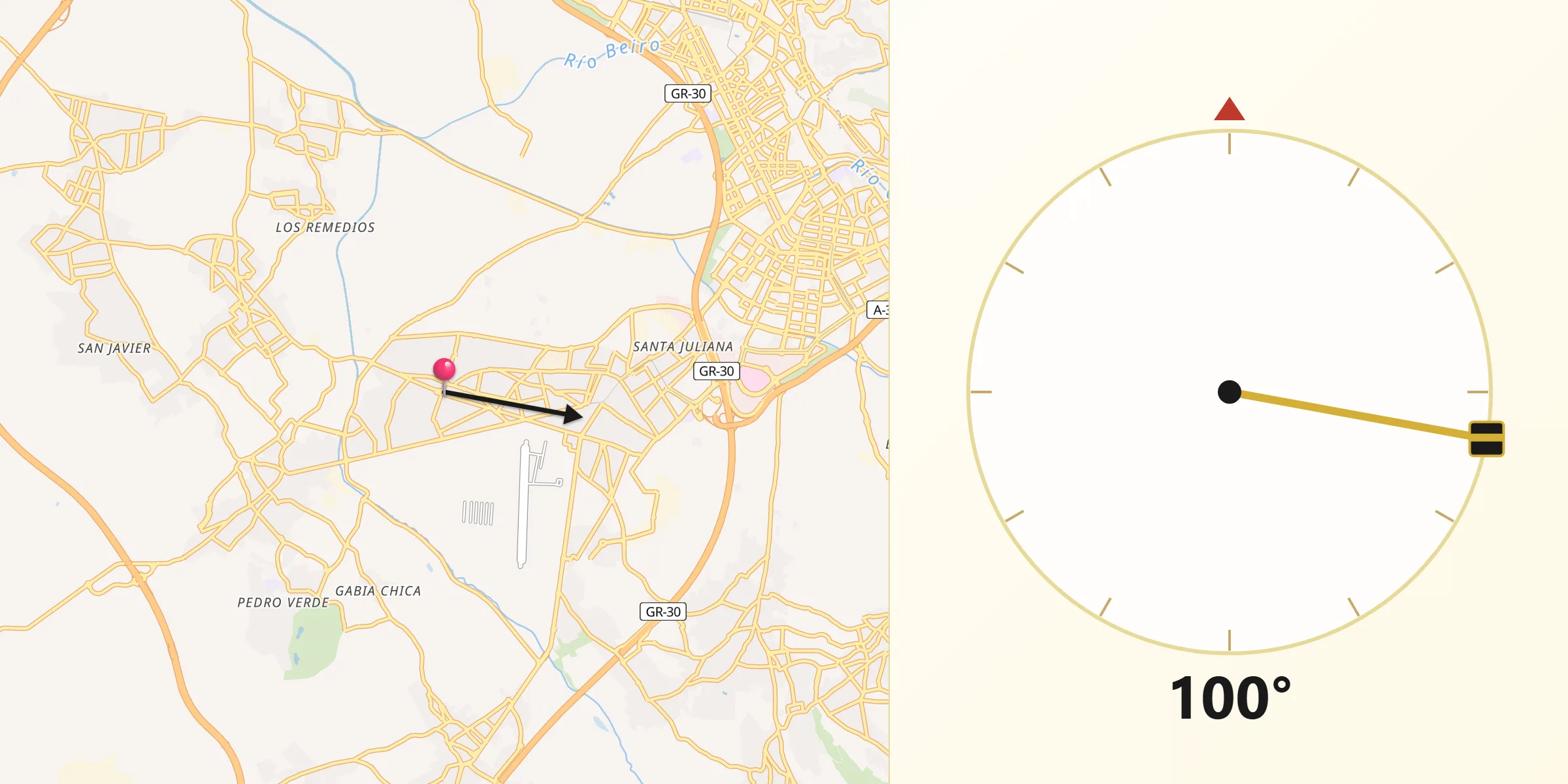 Dirección de la Qibla desde Churriana de la Vega