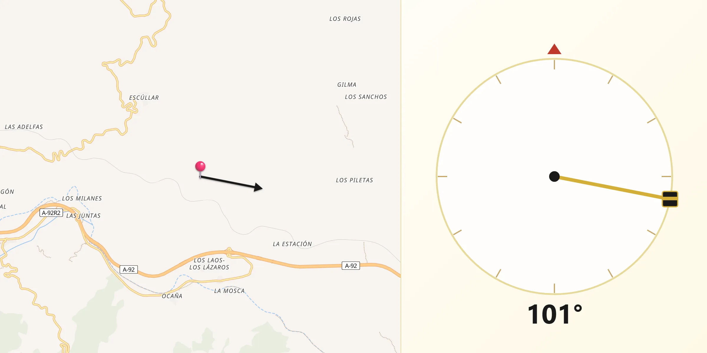 Dirección de la Qibla desde Las Tres Villas