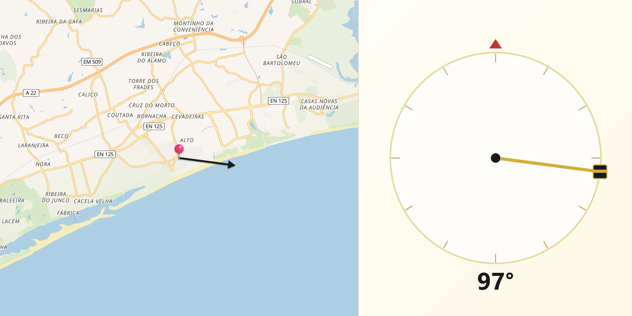 Direção da Qibla a partir de Manta Rota