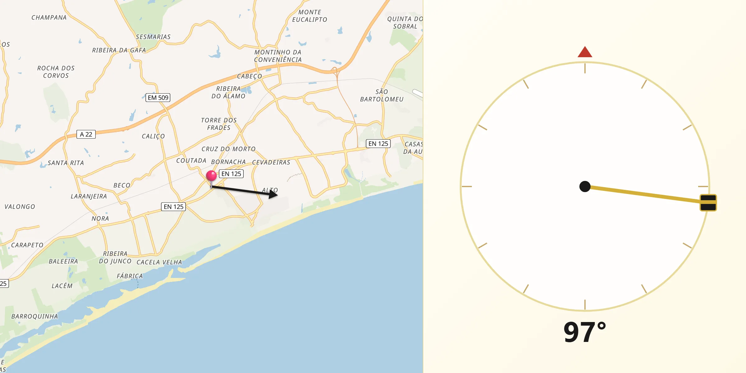 Direção da Qibla a partir de Vila Nova De Cacela