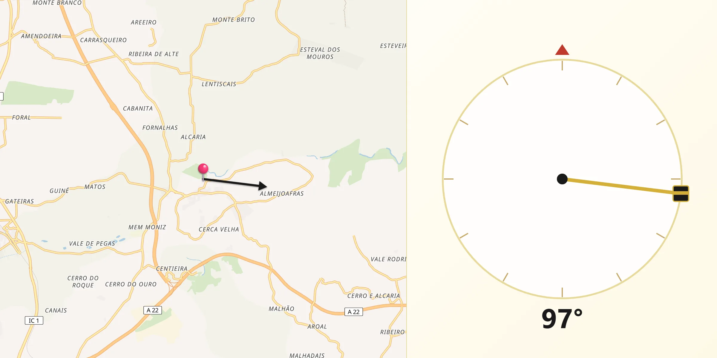 Direção da Qibla a partir de Paderne