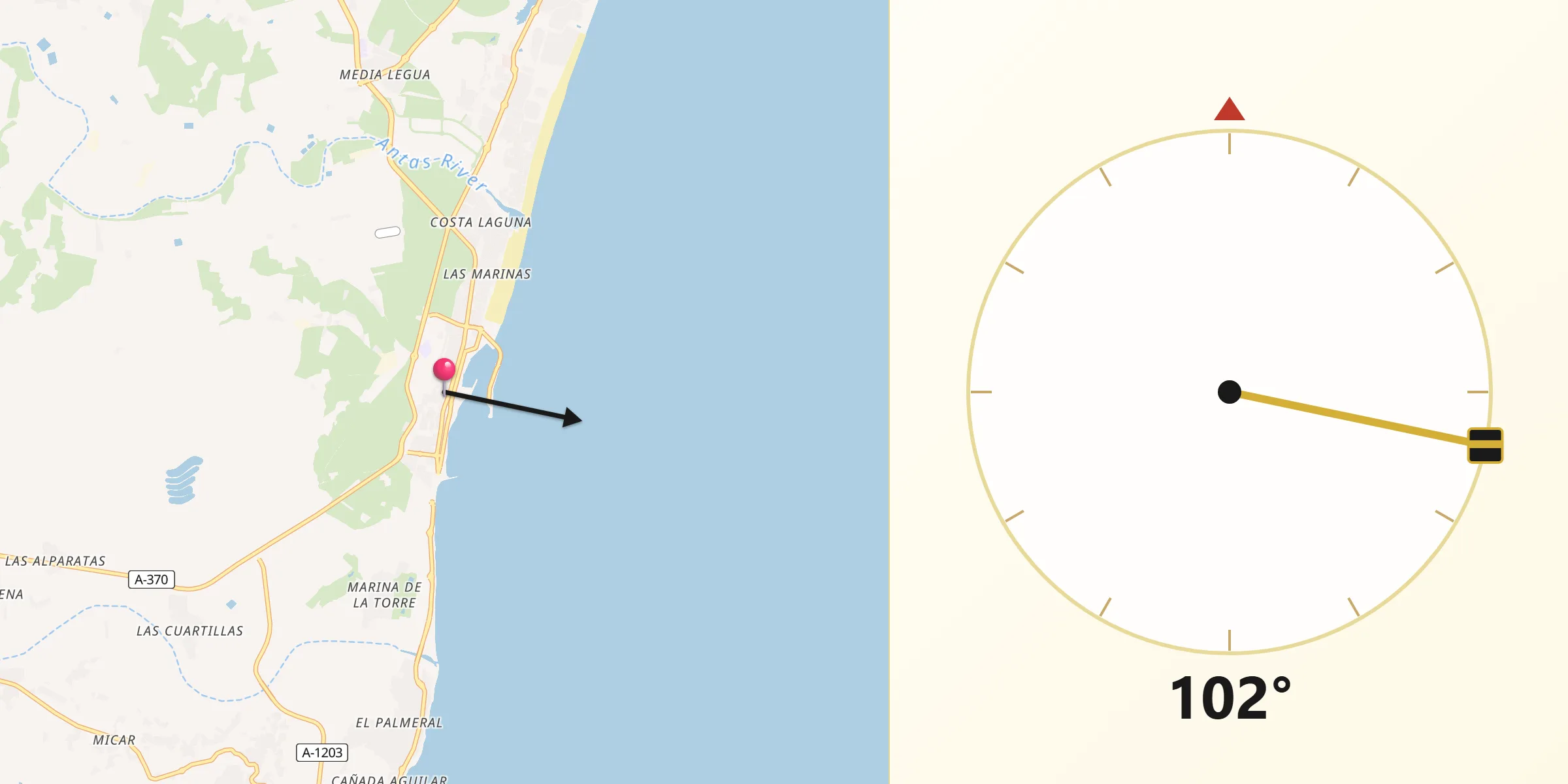 Dirección de la Qibla desde Garrucha