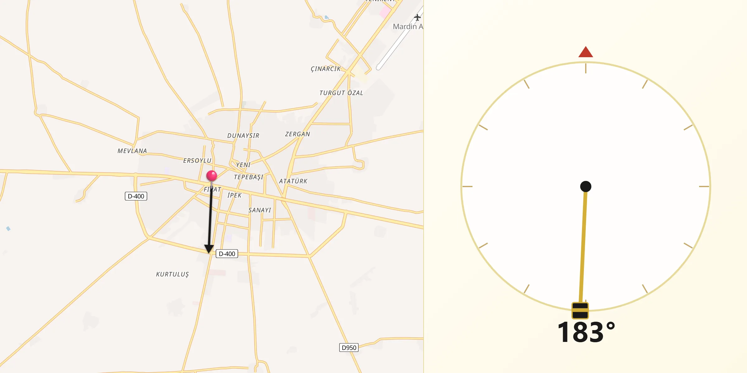 Direction vers la Qibla depuis Kızıltepe