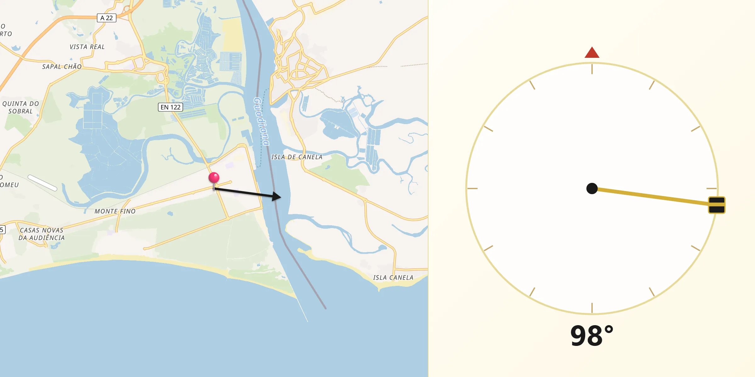Direção da Qibla a partir de Vila Real de Santo António
