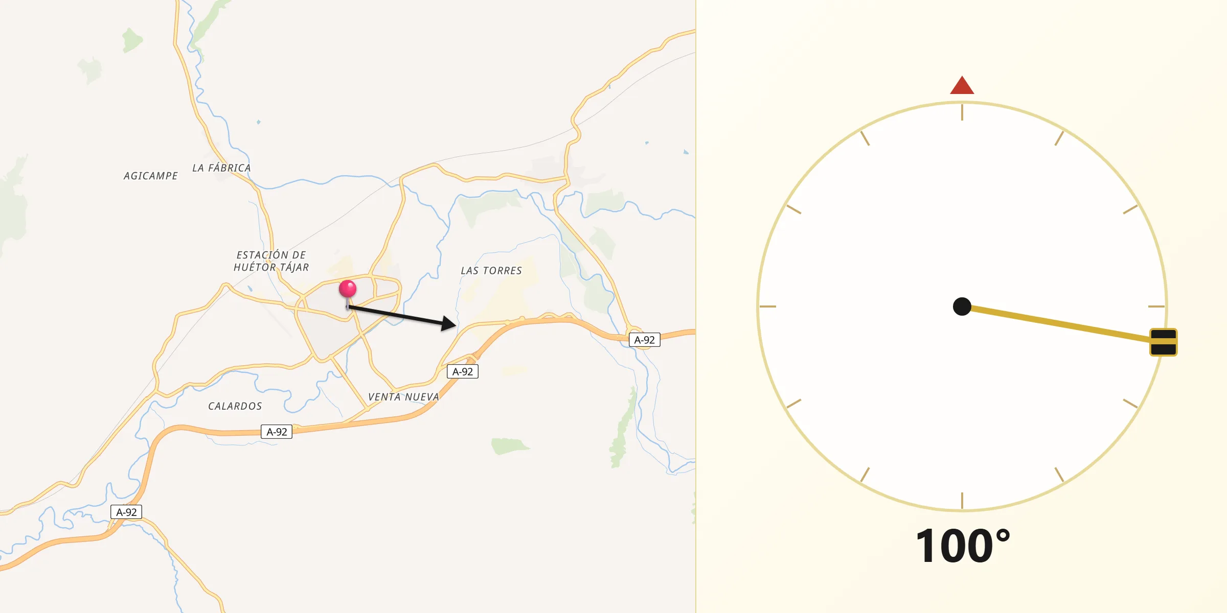Dirección de la Qibla desde Huétor Tájar